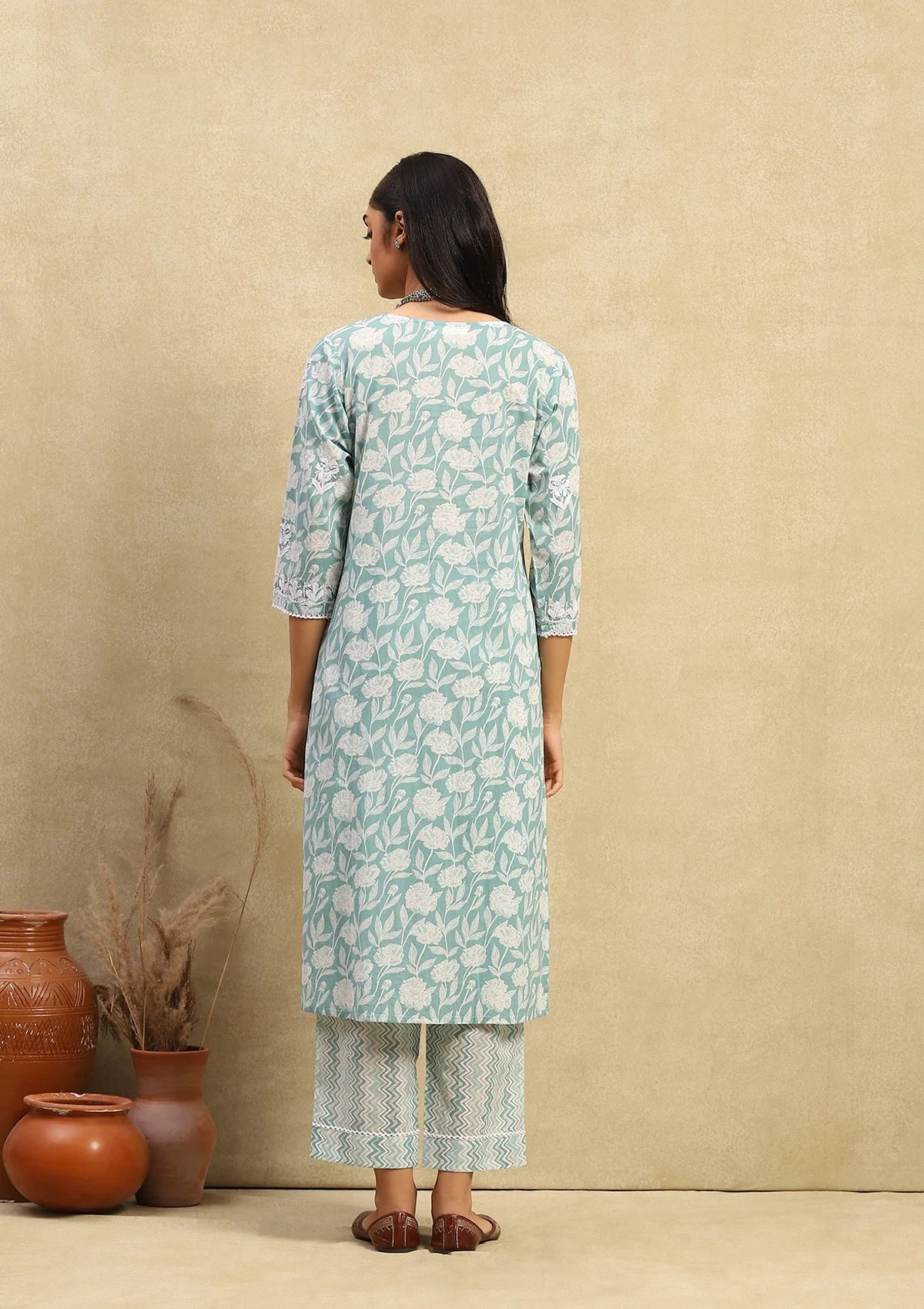 HOC Cotton Chikankari Printed Women's 2PC Long Kurta Set -  Teal Green - Healthber