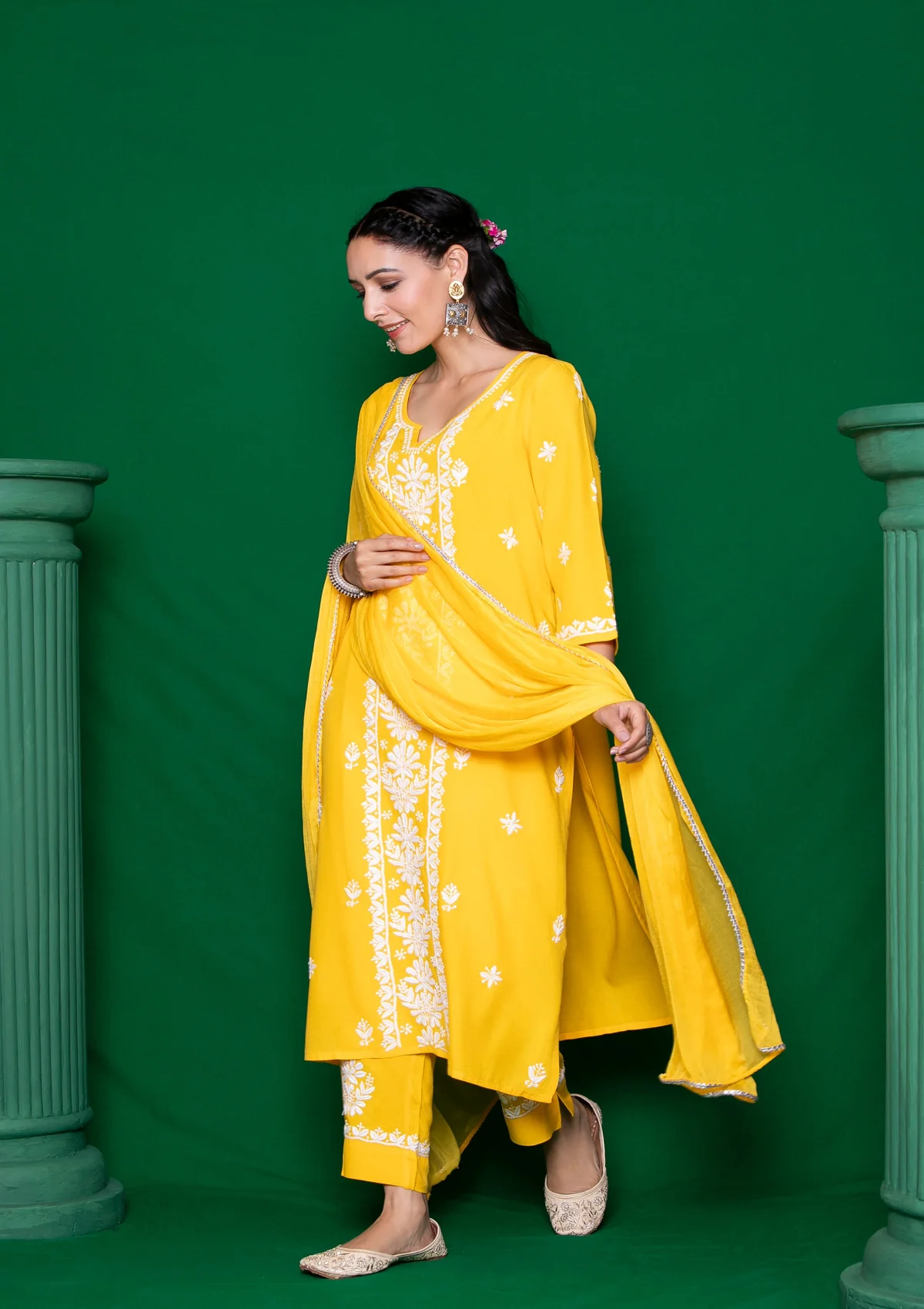 HOC Rayon Chikankari Solid Women's 3 PC Long Kurta Set - Yellow - Healthber