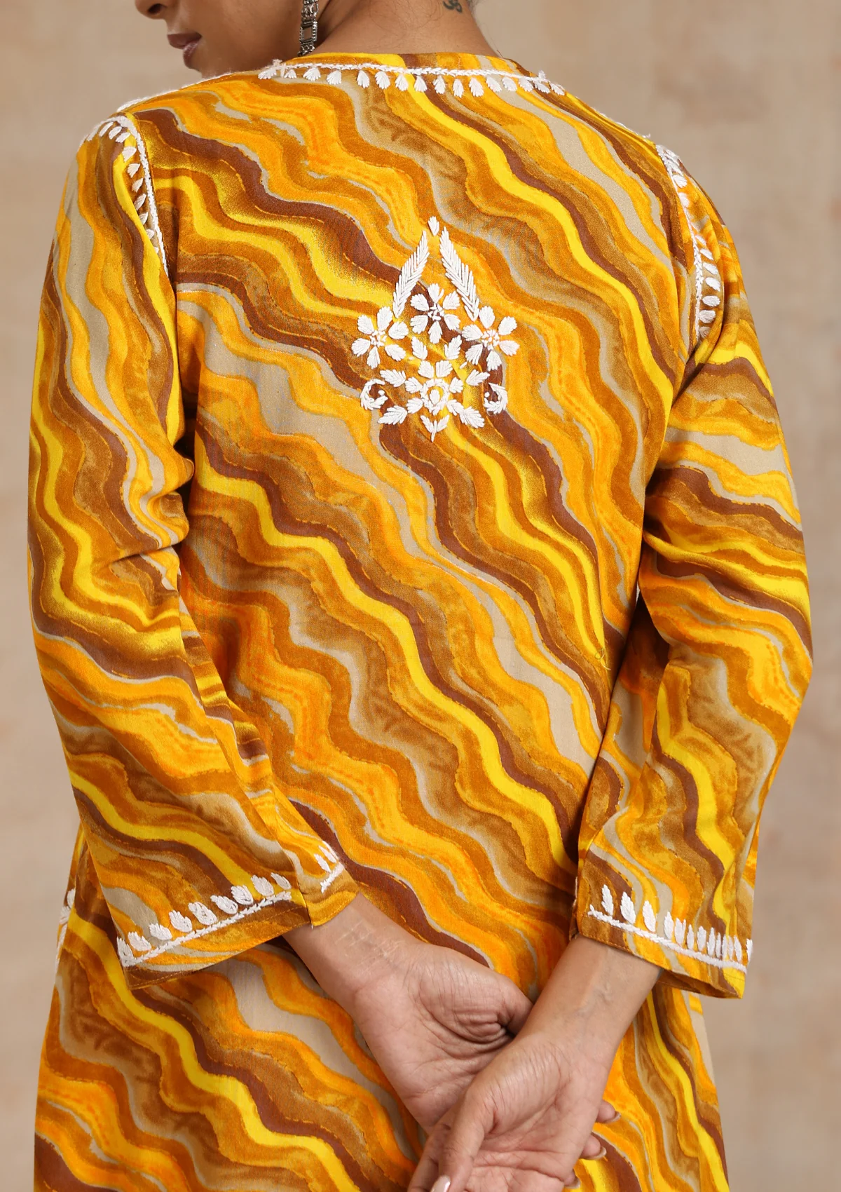 HOC Rayon Chikankari Printed Women's Long Kurta - Yellow - Healthber