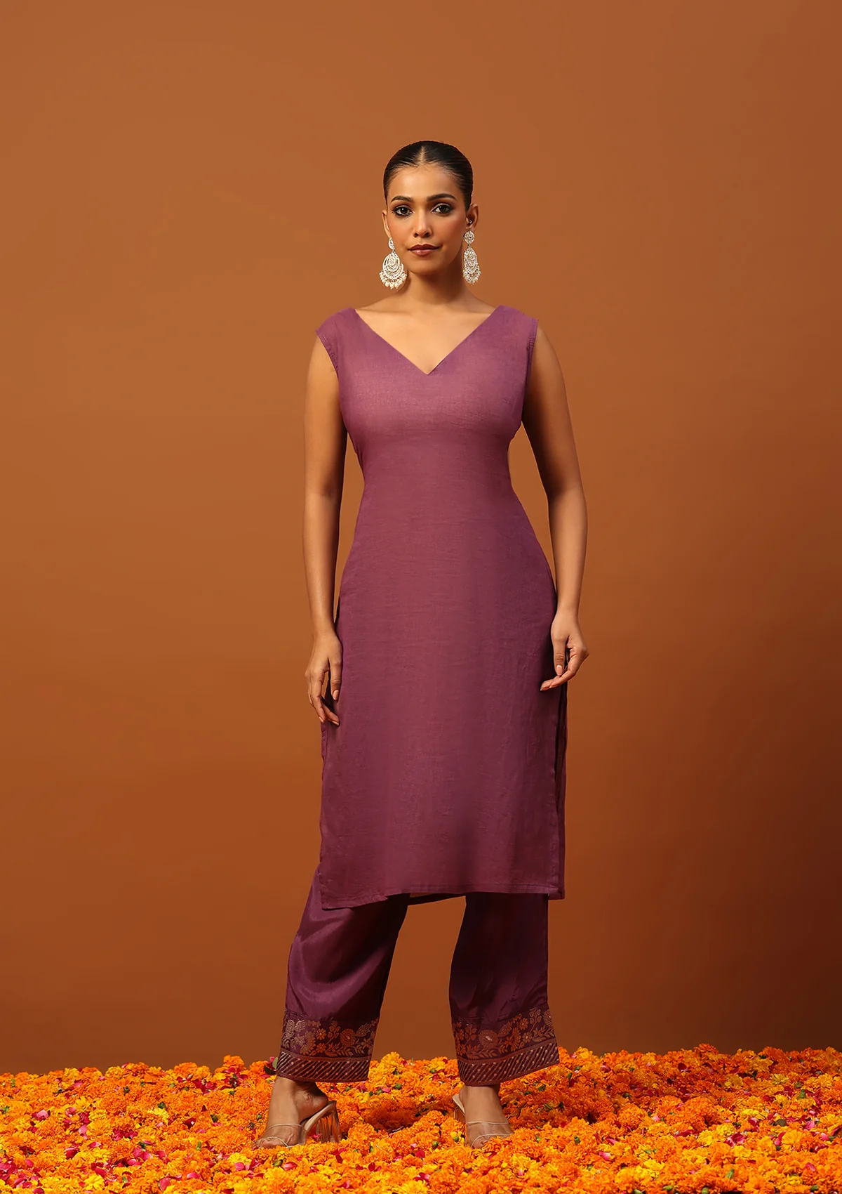 HOC Jacquard Silk Hand Embellished With Zari Women's Kaftan Set With Inner - Purple - Healthber