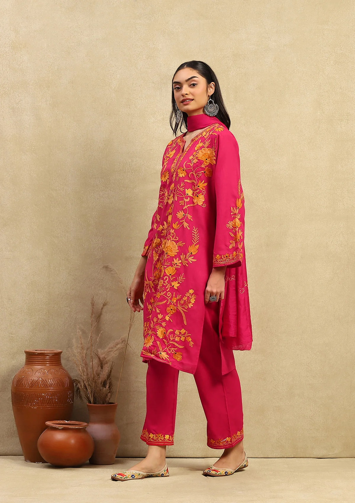 HOC Crafts Cotton Aari Embroidered Solid Women's 3 PC Long Kurta Set with Dupatta - Pink - Healthber