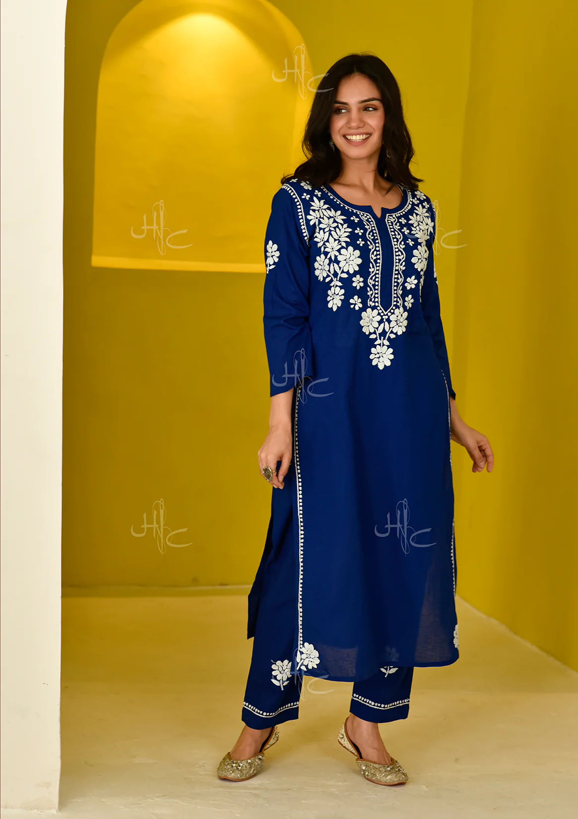 Juhaina Chikankari Cotton Straight Set-Dark Blue - Healthber