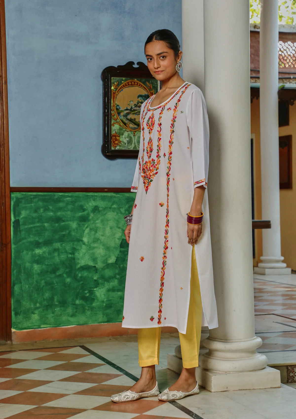 HOC Cotton Chikankari Solid Women's Long Kurta - White - Healthber