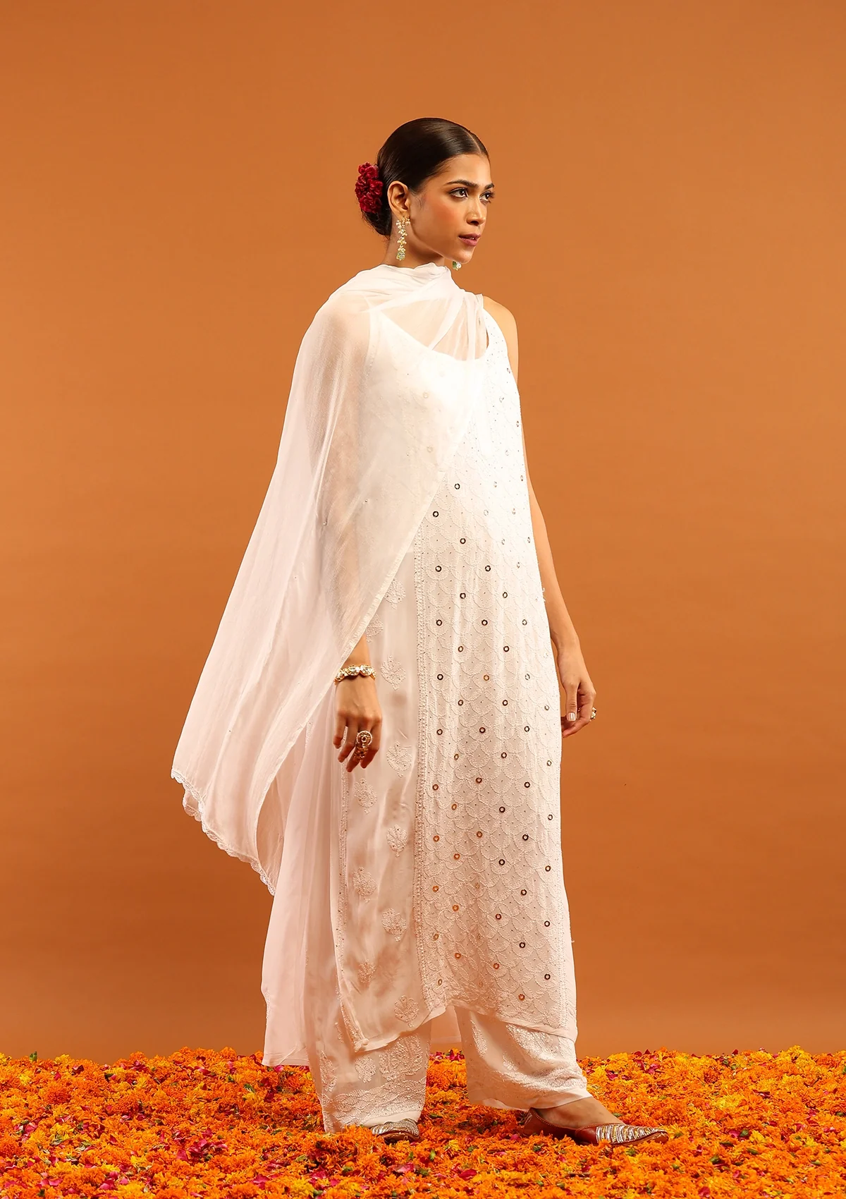 HOC Viscose Georgette Chikankari Mukaish & Kamdani Solid Women's 3 PC Long Kurta Set-White - Healthber