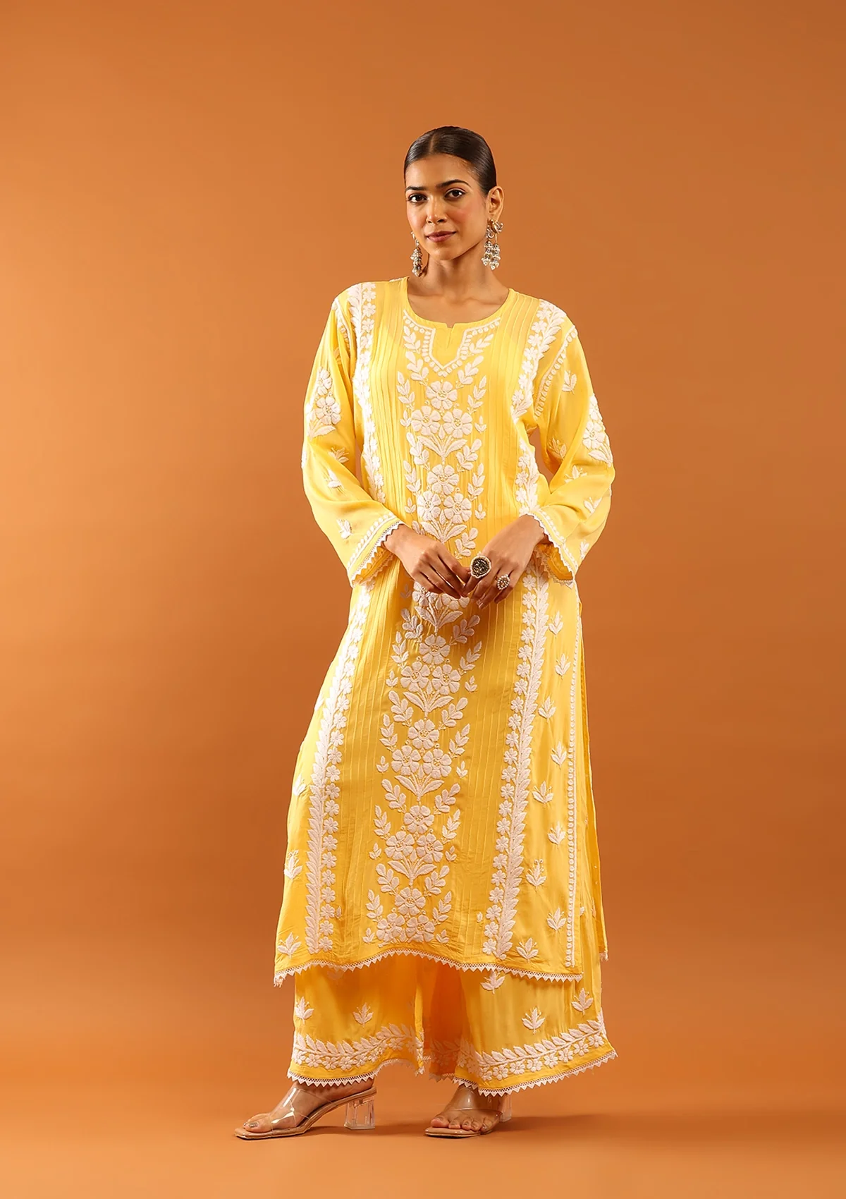 HOC Modal Chikankari Solid Women's 2 PC Long Kurta Set With Lace -Yellow - Healthber