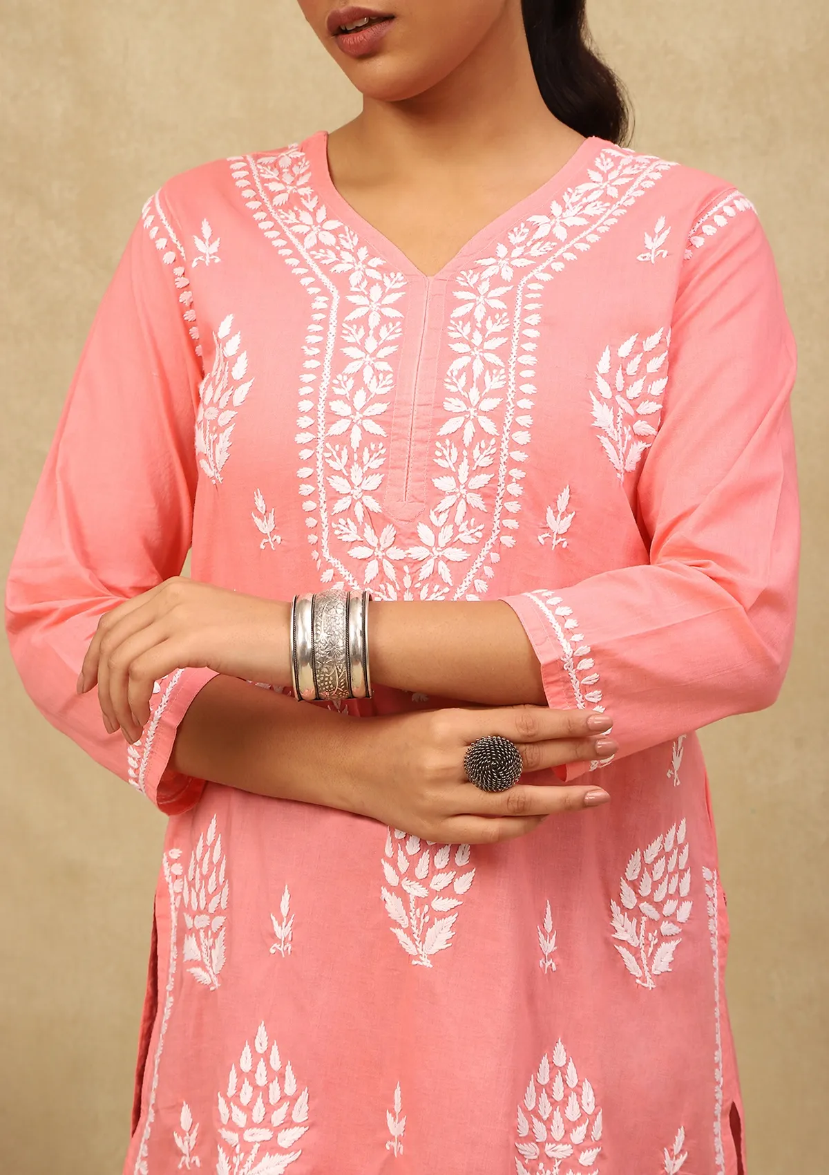 HOC Cotton Chikankari Solid Women's Short Kurta - Peach - Healthber
