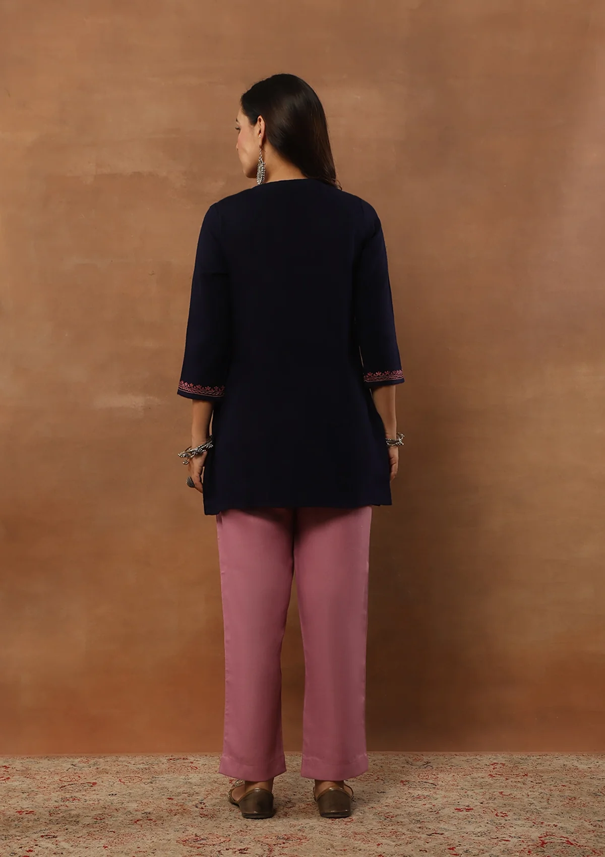 HOC Aari Embroidered Woollen Solid Women's Short Kurta - Navy Blue - Healthber