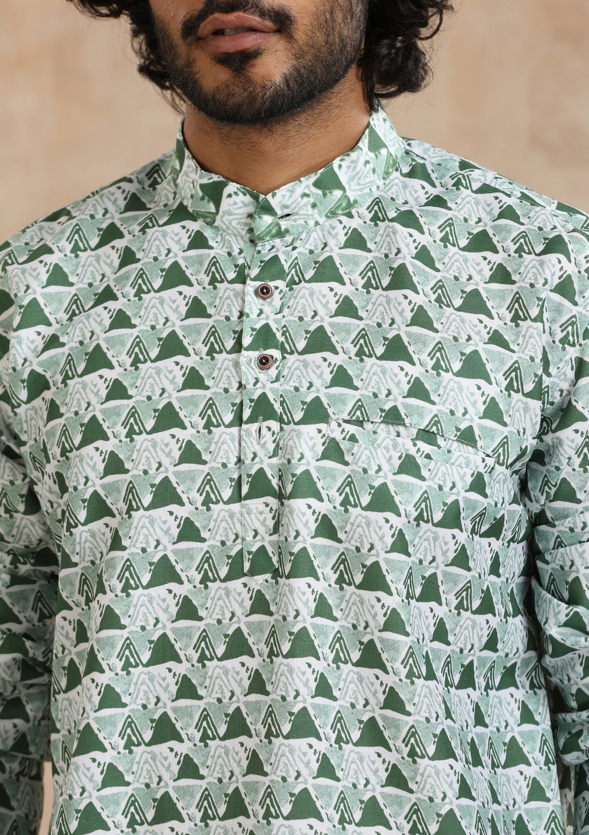 HOC Poly Cotton Printed Men's Short Kurta - Green - Healthber