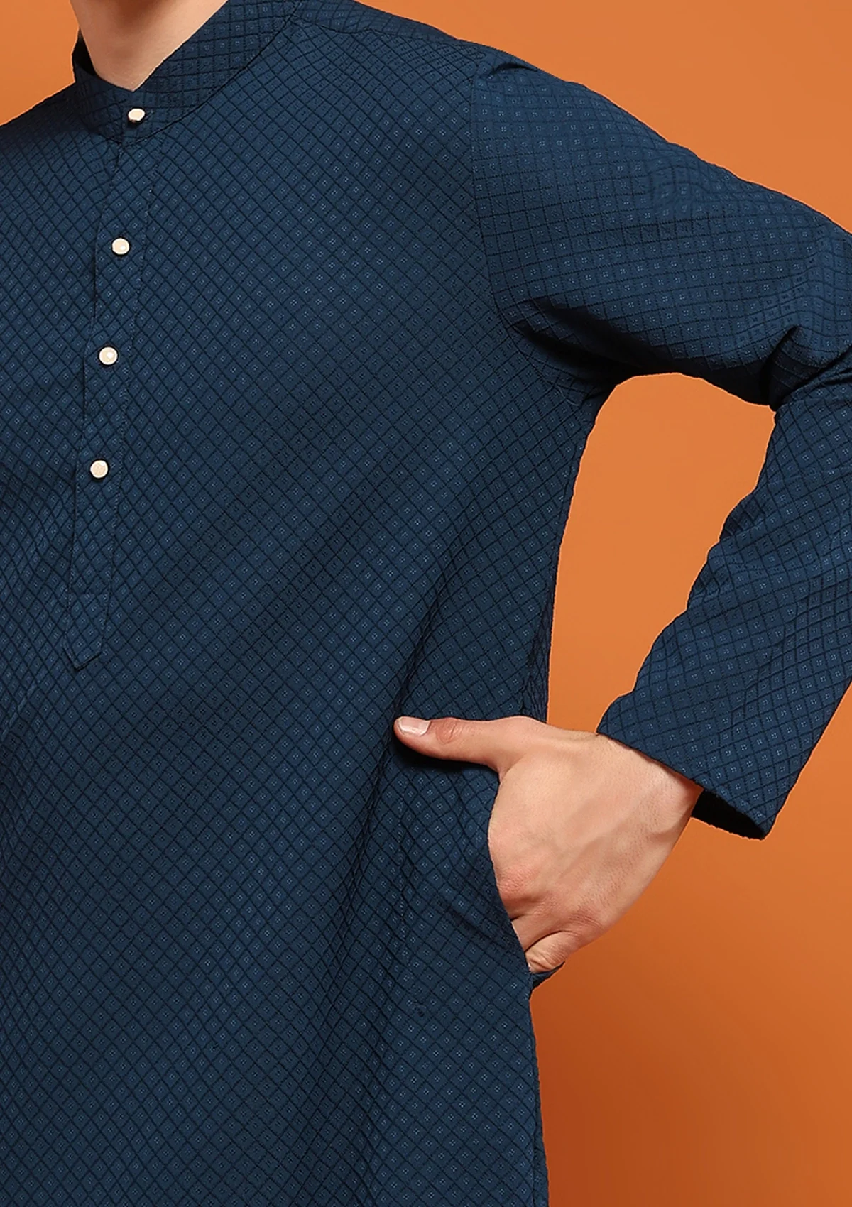 HOC Dobby Textured Solid Men's Long Kurta - Navy Blue - Healthber