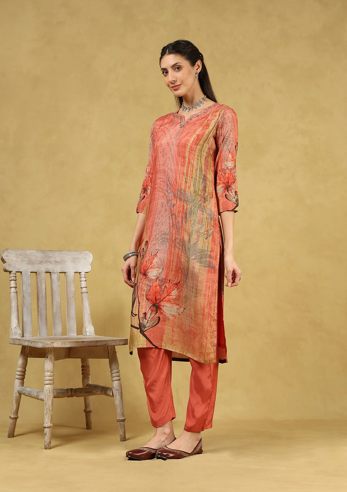 HOC Hand Embellished Muslin Printed Women's 3 PC Long Kurta Set with Dupatta - Rust - Healthber