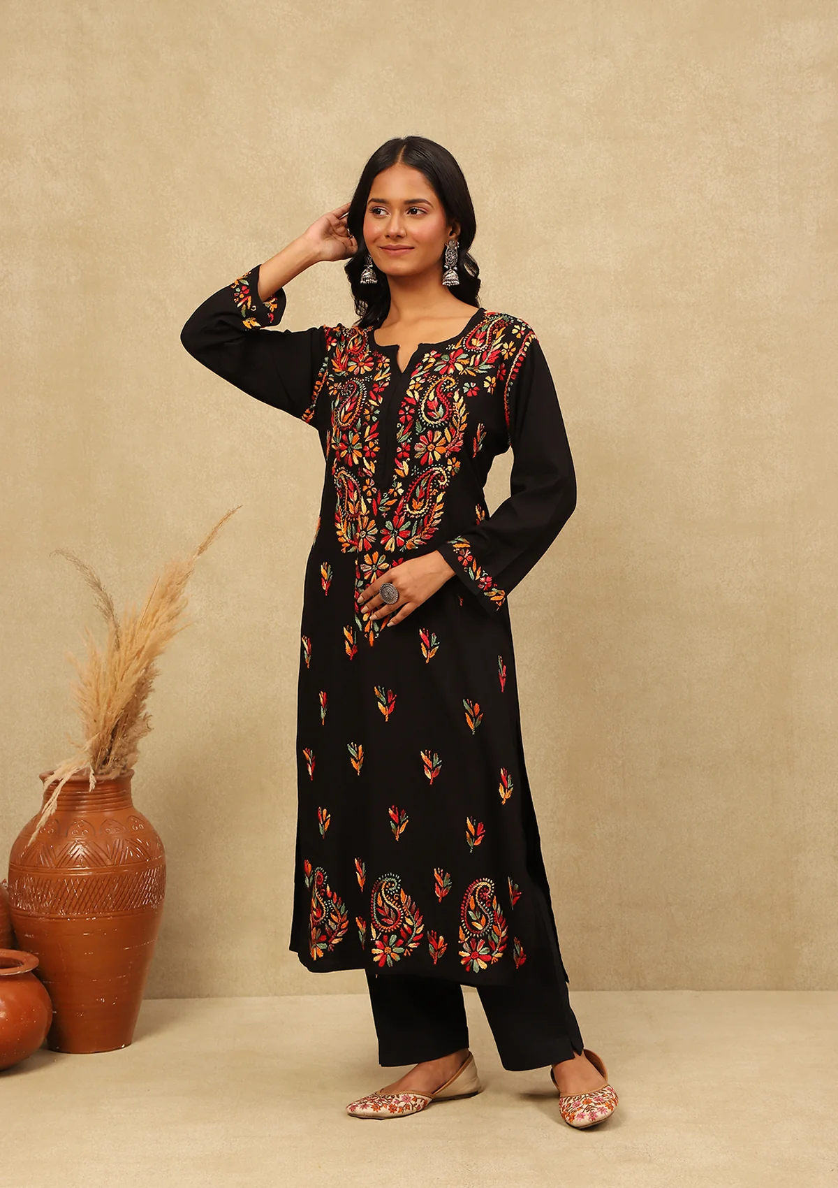 HOC Rayon Chikankari Solid Women's Long Kurta -Black - Healthber