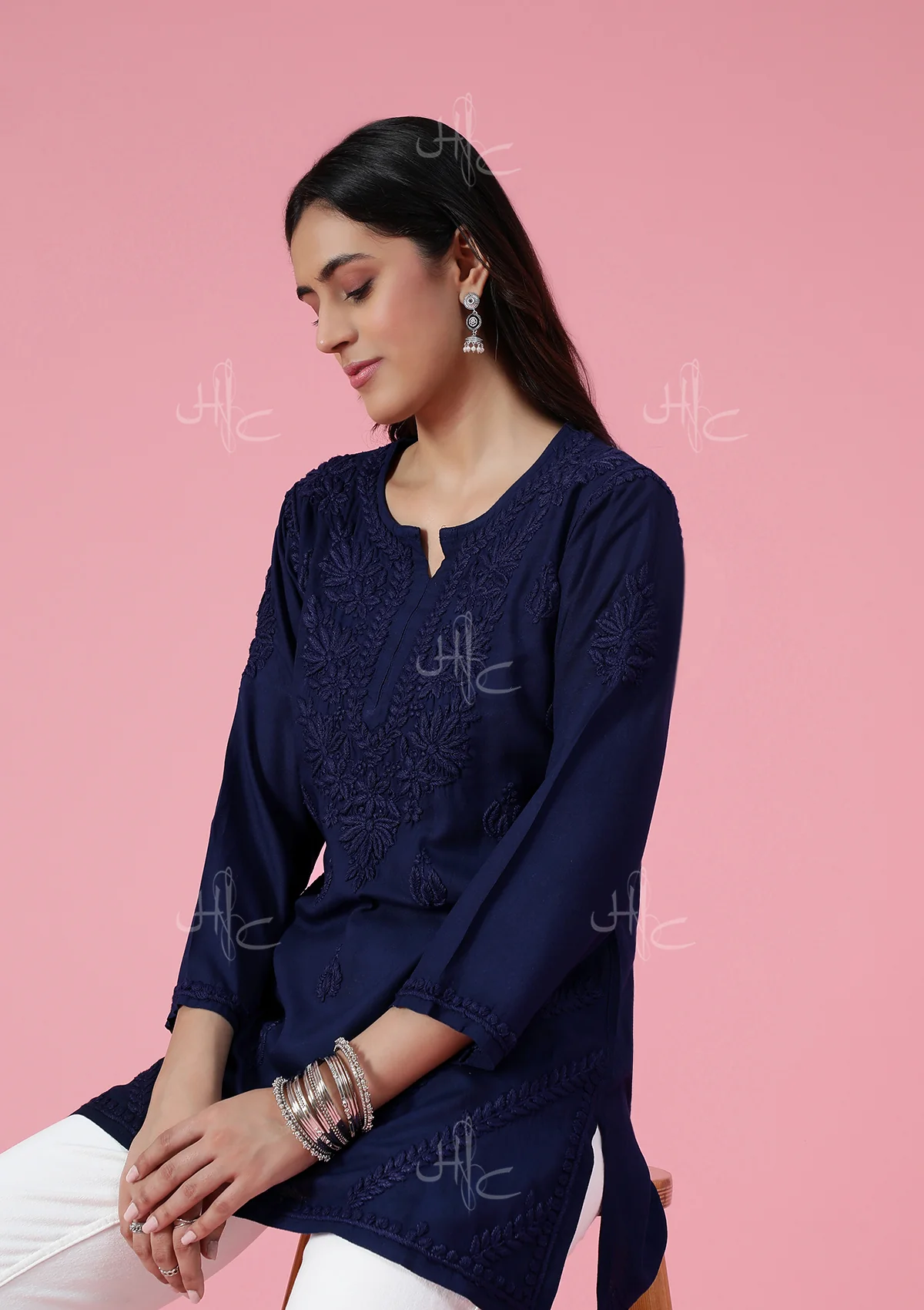 HOC Rayon Chikankari Solid Women's Short Kurta - Navy Blue - Healthber