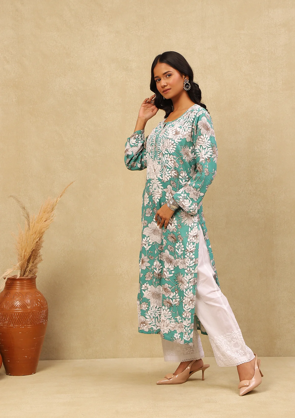 HOC Rayon Chikankari Printed Women's Long Kurta -Mint Green - Healthber