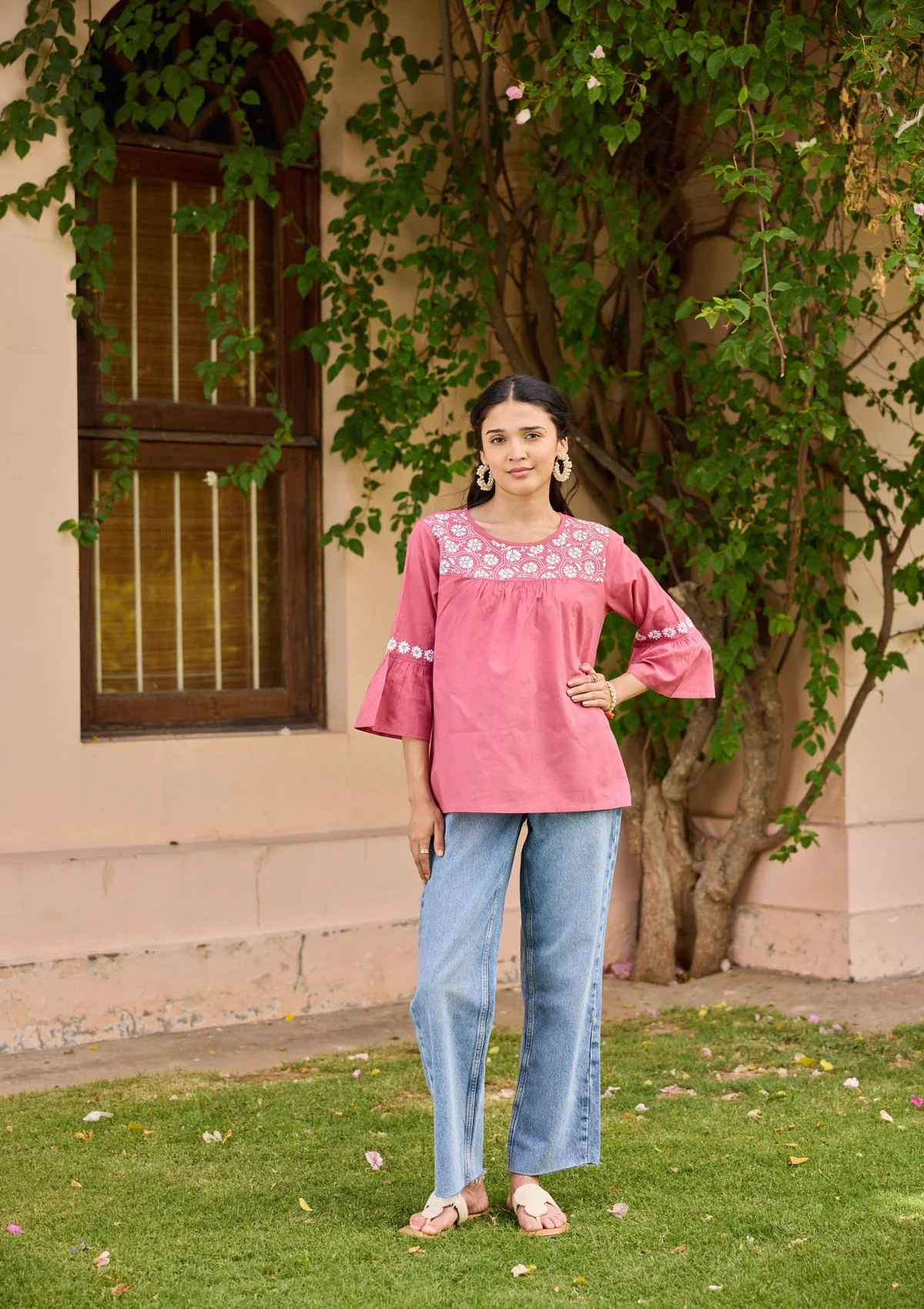 HOC Cotton Chikankari Solid Women's Top - Rust Pink - Healthber