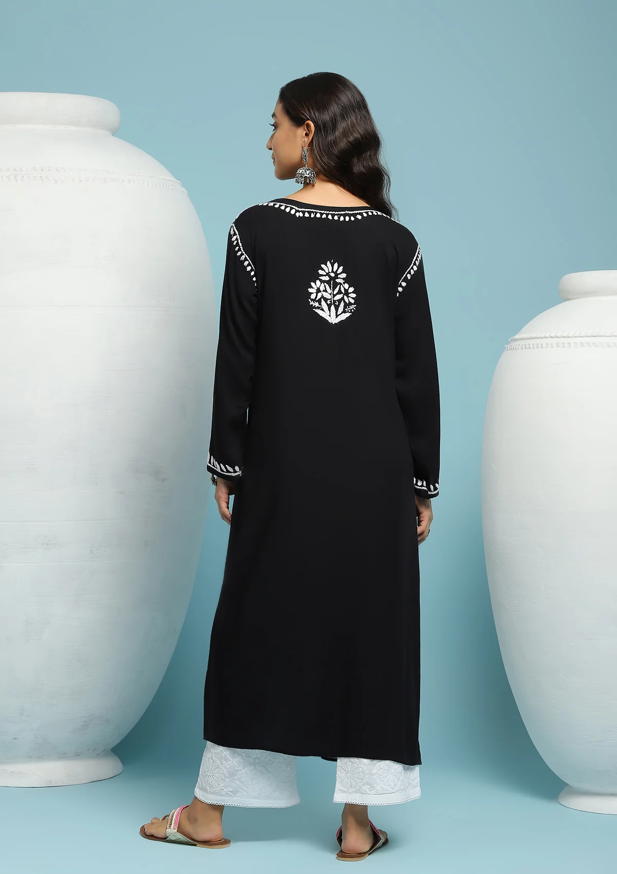 HOC Rayon Chikankari Solid Women's Long Kurta - Black - Healthber