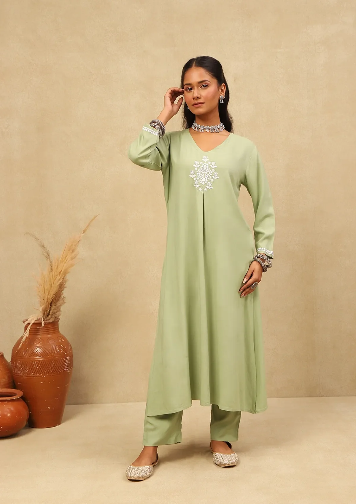 HOC Rayon Chikankari With Mukaish Solid Women's 2 PC Long Kurta Set - Green - Healthber