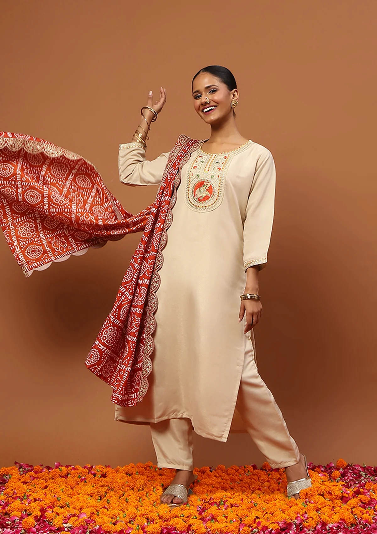 HOC Cotton Blend Embroidered With Sequin 3 PC Straight Kurta Set  C Beige - Healthber