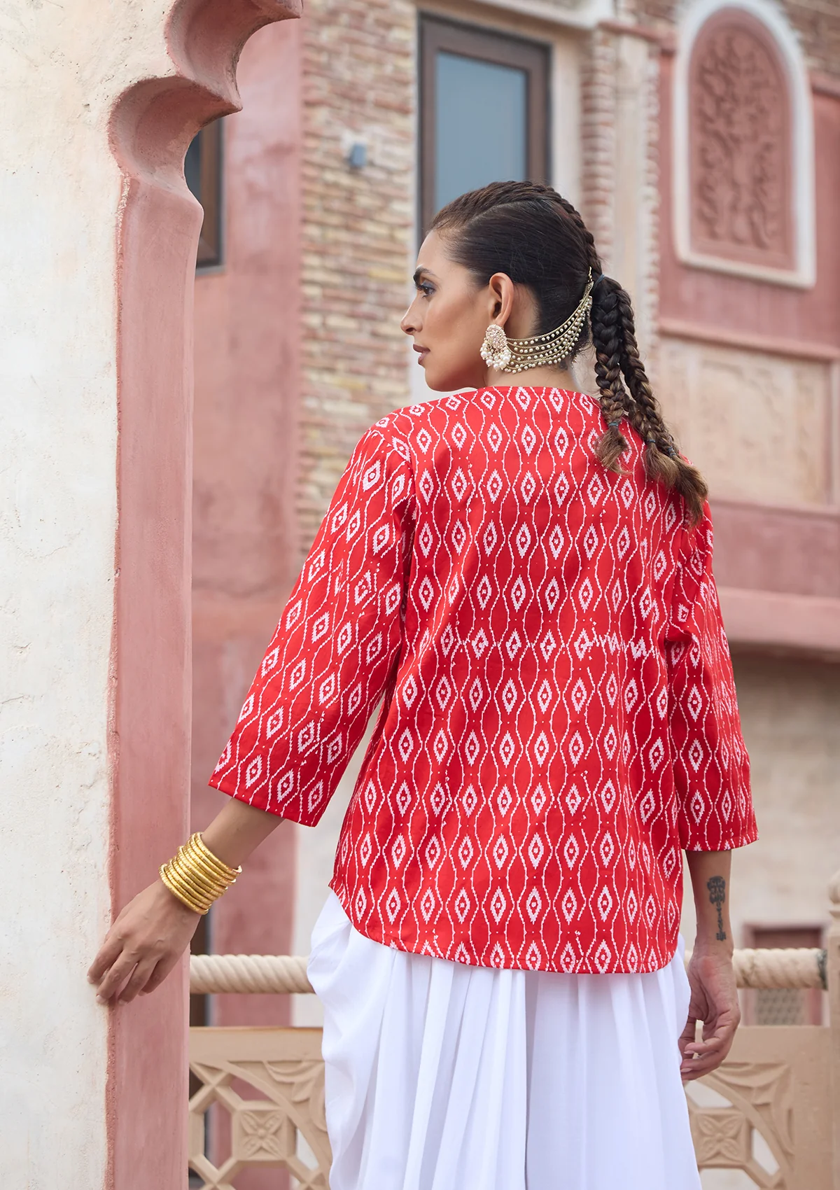 HOC Glazed Cotton Hand Block Printed with Hand Embroidery Women's Short Kurta - Red - Healthber