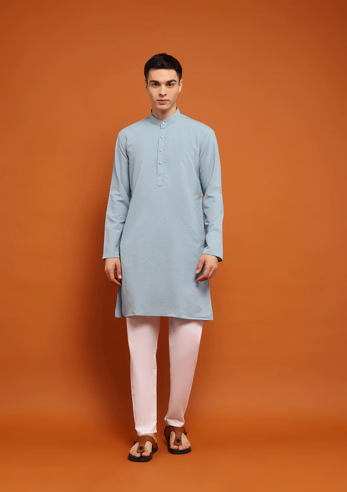 HOC Dobby Textured Solid Men's Long Kurta - Powder Blue - Healthber