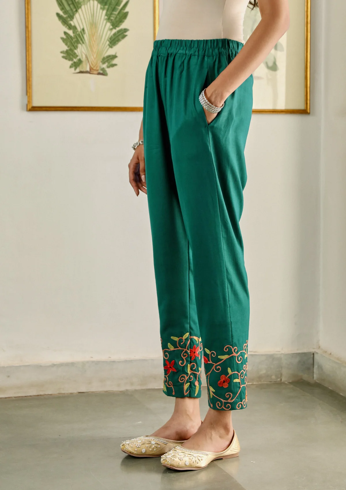 HOC Aari Embroidered Cotton Solid Women's 2PC Long Kurta Set - Teal Green - Healthber