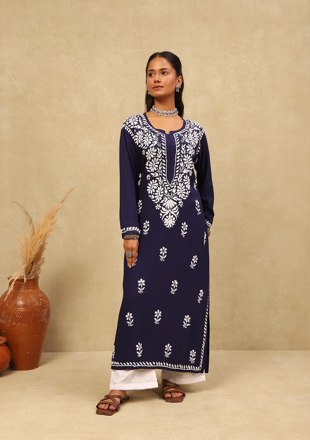 HOC Rayon Chikankari Solid Women's Long Kurta -Navy Blue - Healthber