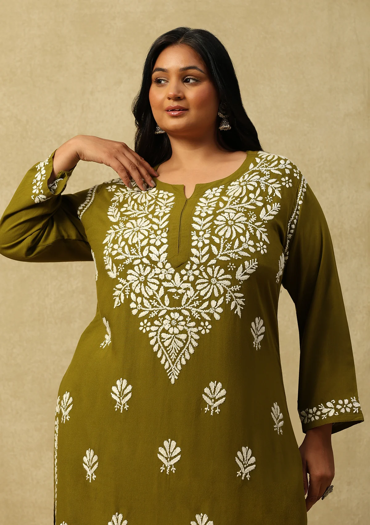 HOC Rayon Chikankari Solid Women's 2 PC Long Kurta Set-Olive Green - Healthber