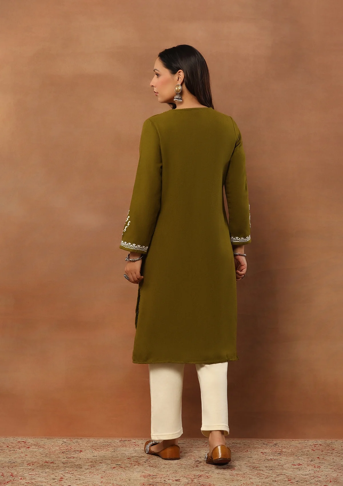 HOC Aari Embroidered Woollen Solid Women's Long Kurta - Olive Green - Healthber