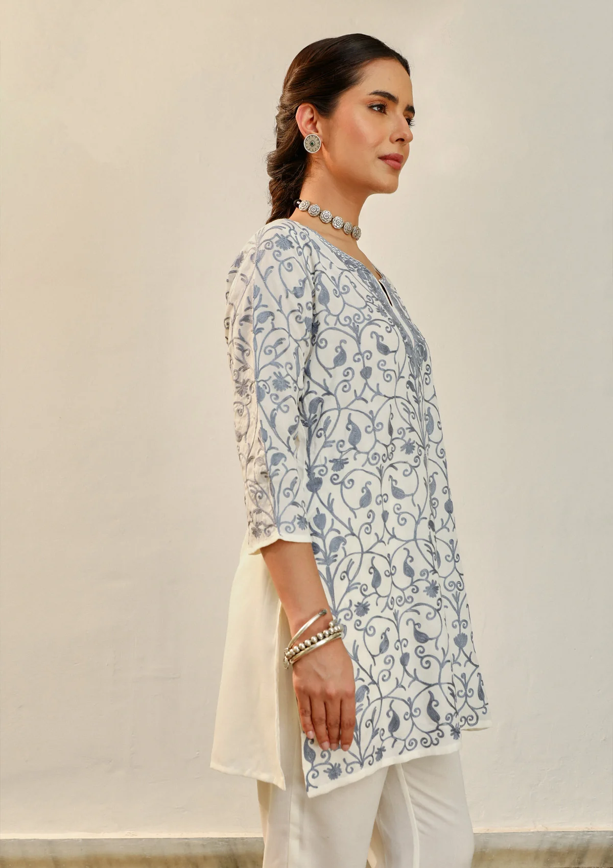 HOC Aari Embroidered Cotton Solid Women's 2 PC Co-ord Set - Off White - Healthber