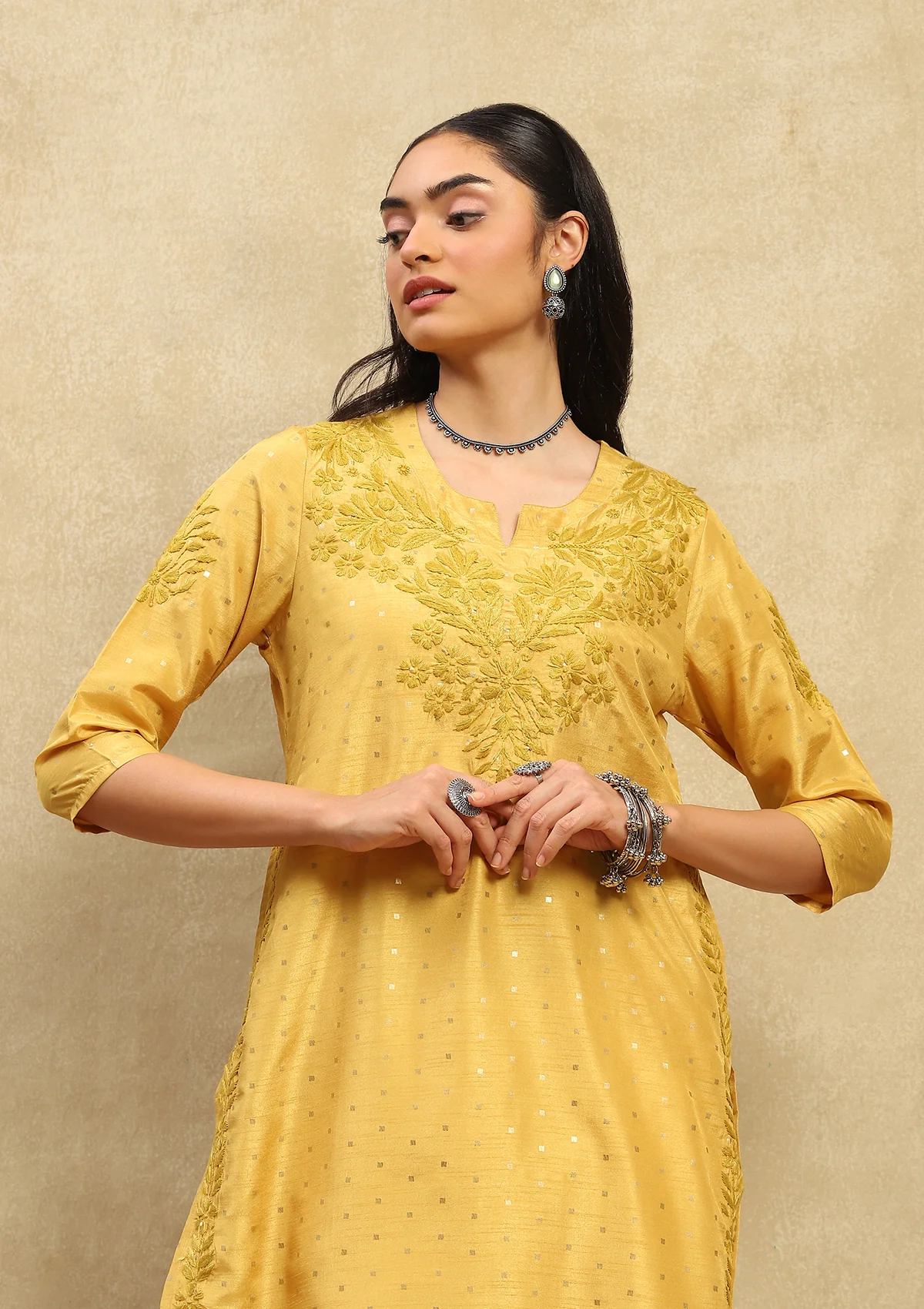 HOC Chanderi Chikankari Printed Women's Long Kurta - Yellow - Healthber