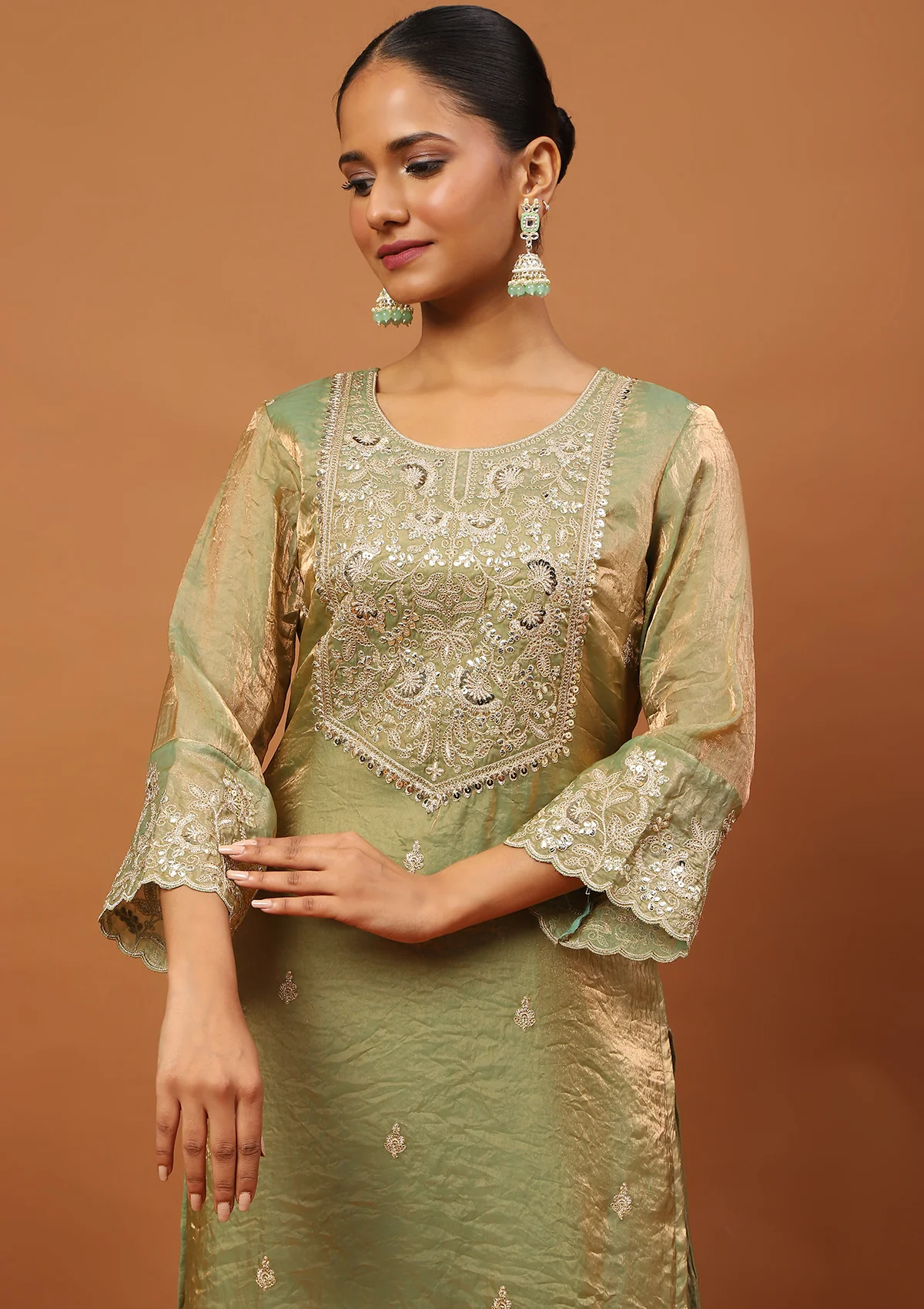 HOC Satin Tissue Silk Zardozi with Sequins Solid Women  s 3 PC Straight Kurta Set - Pista Green - Healthber