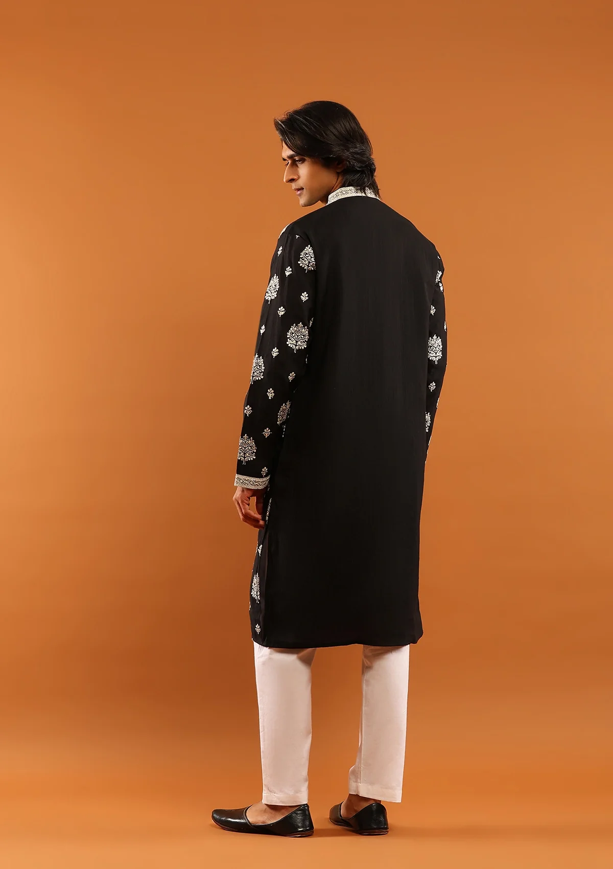 HOC Poly Silk Zari Embroidered Solid Men's Long Kurta- Black - Healthber