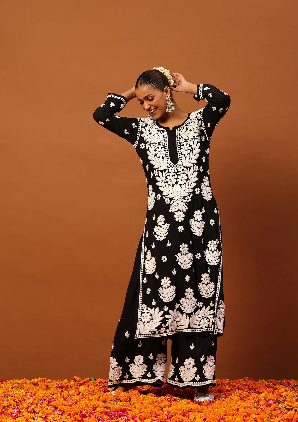 HOC Modal Chikankari Solid Women's 2 PC Long Kurta Set -Black - Healthber
