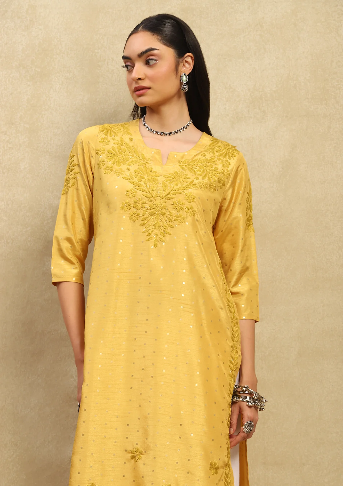 HOC Chanderi Chikankari Printed Women's Long Kurta - Yellow - Healthber