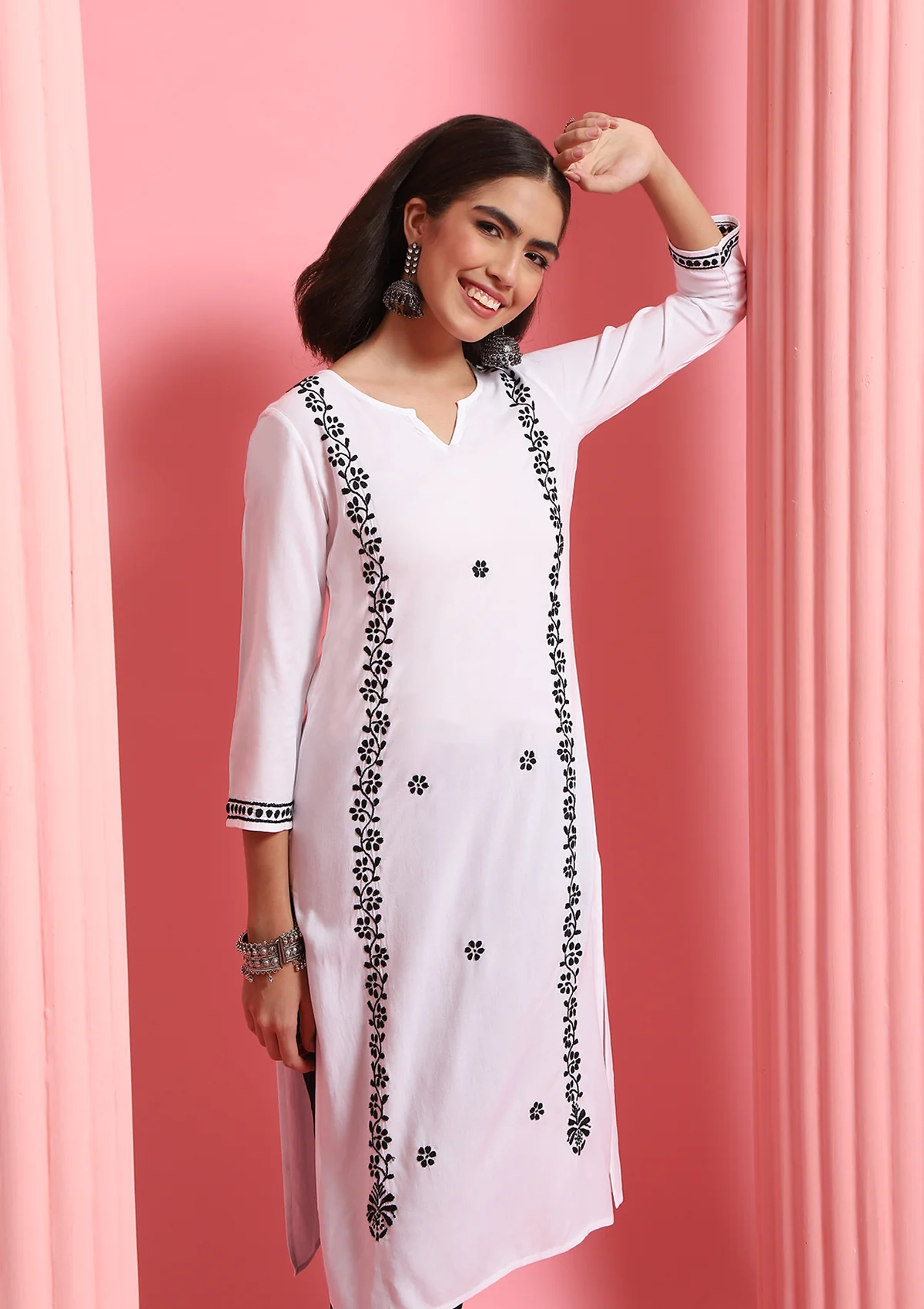 Rayon Chikankari Solid Women's Long Kurta - White - Healthber