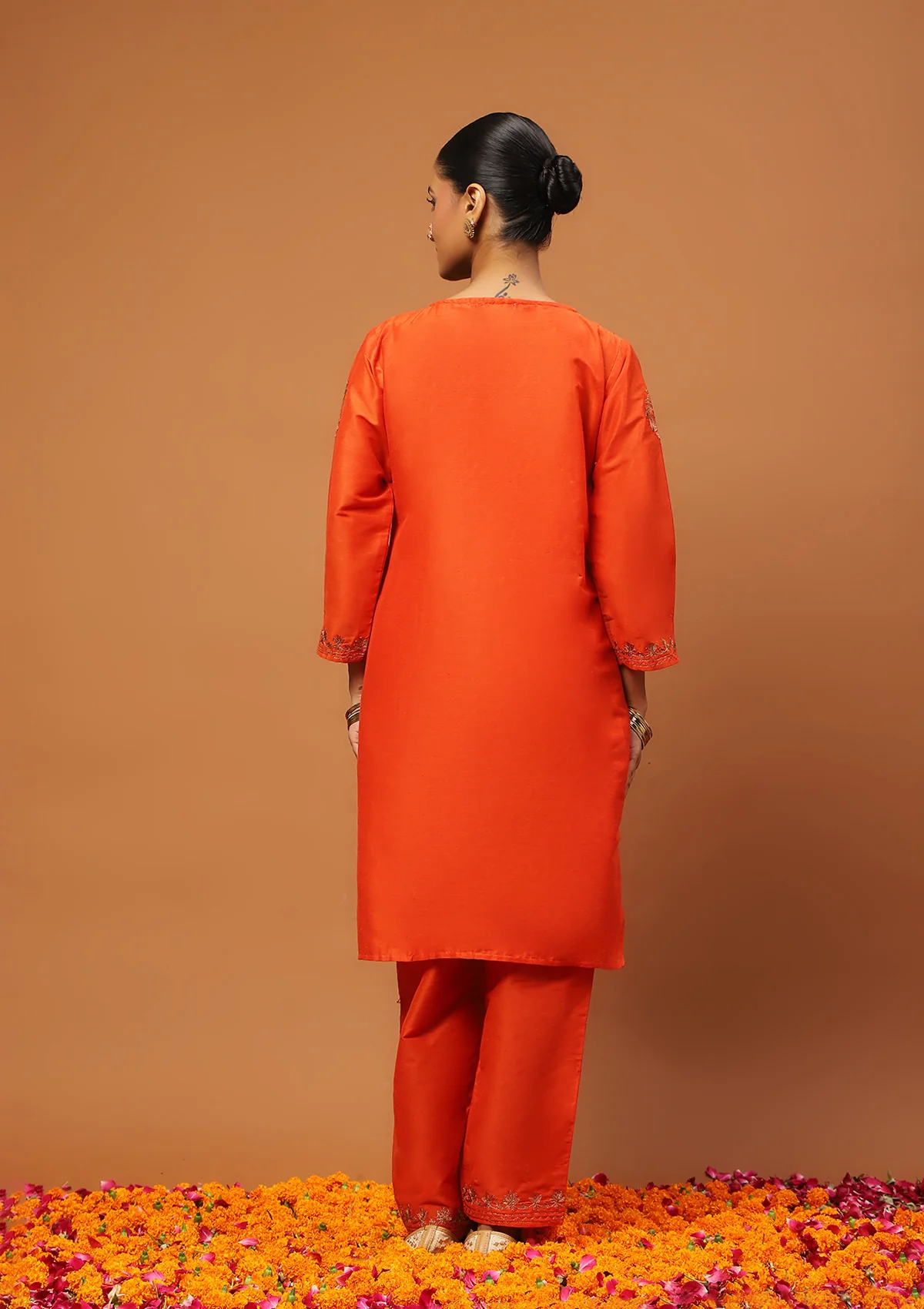 HOC Art Silk Embroidered Zari Solid Women's 2 PC Knee Kurta Set - Orange - Healthber