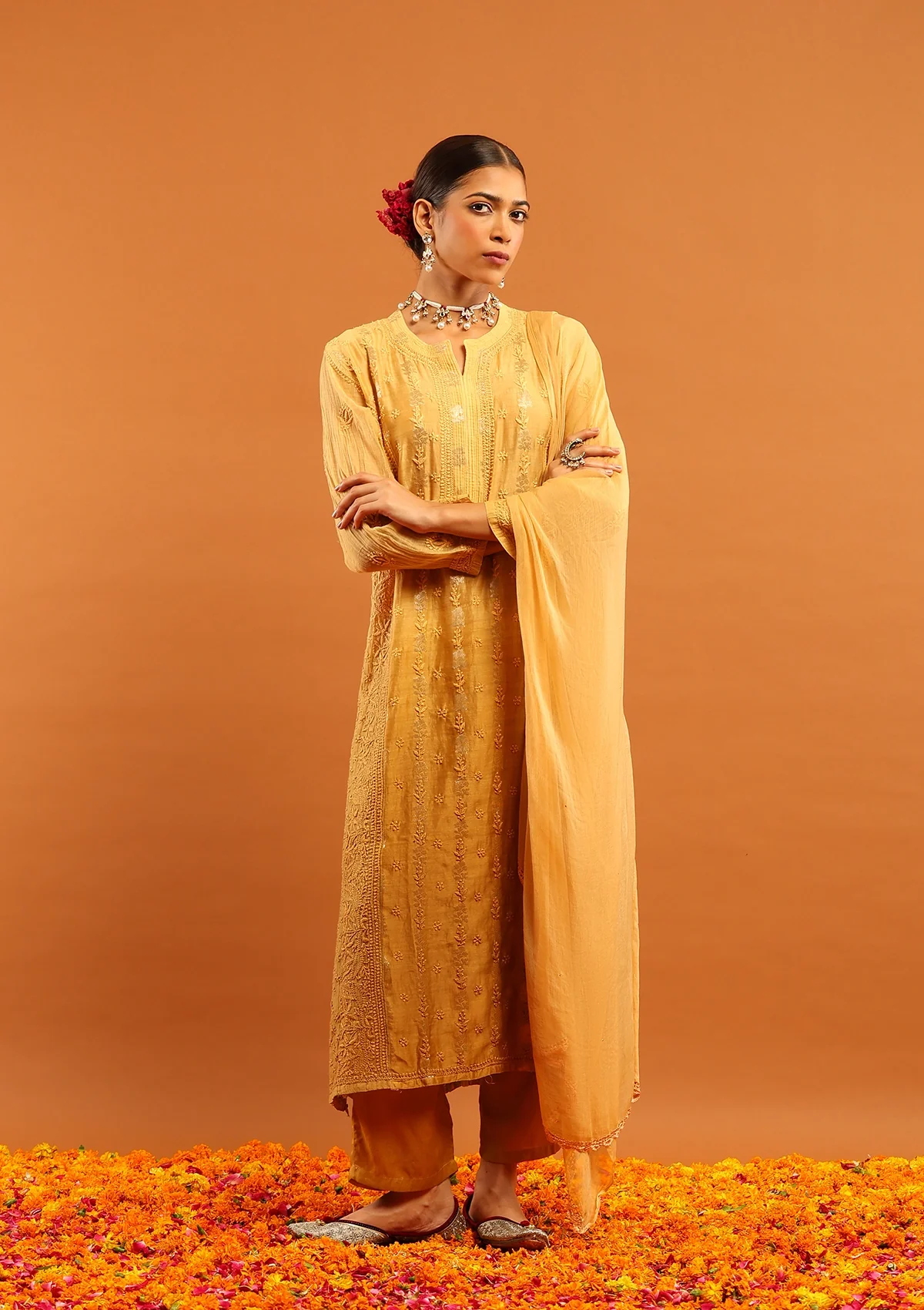 HOC Banarasi Mul Chanderi Chikankari Solid Women's 4 PC Straight Kurta Set - Yellow - Healthber