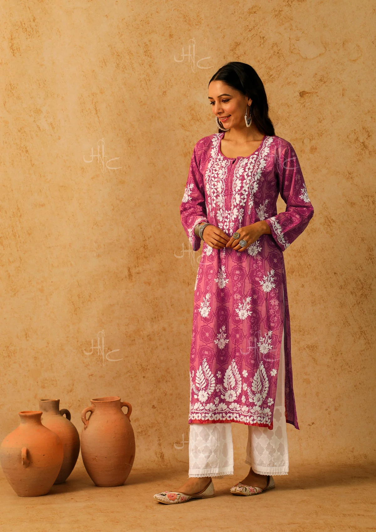 HOC Mulmul Chikankari Printed Women's Long Kurta - Pink - Healthber