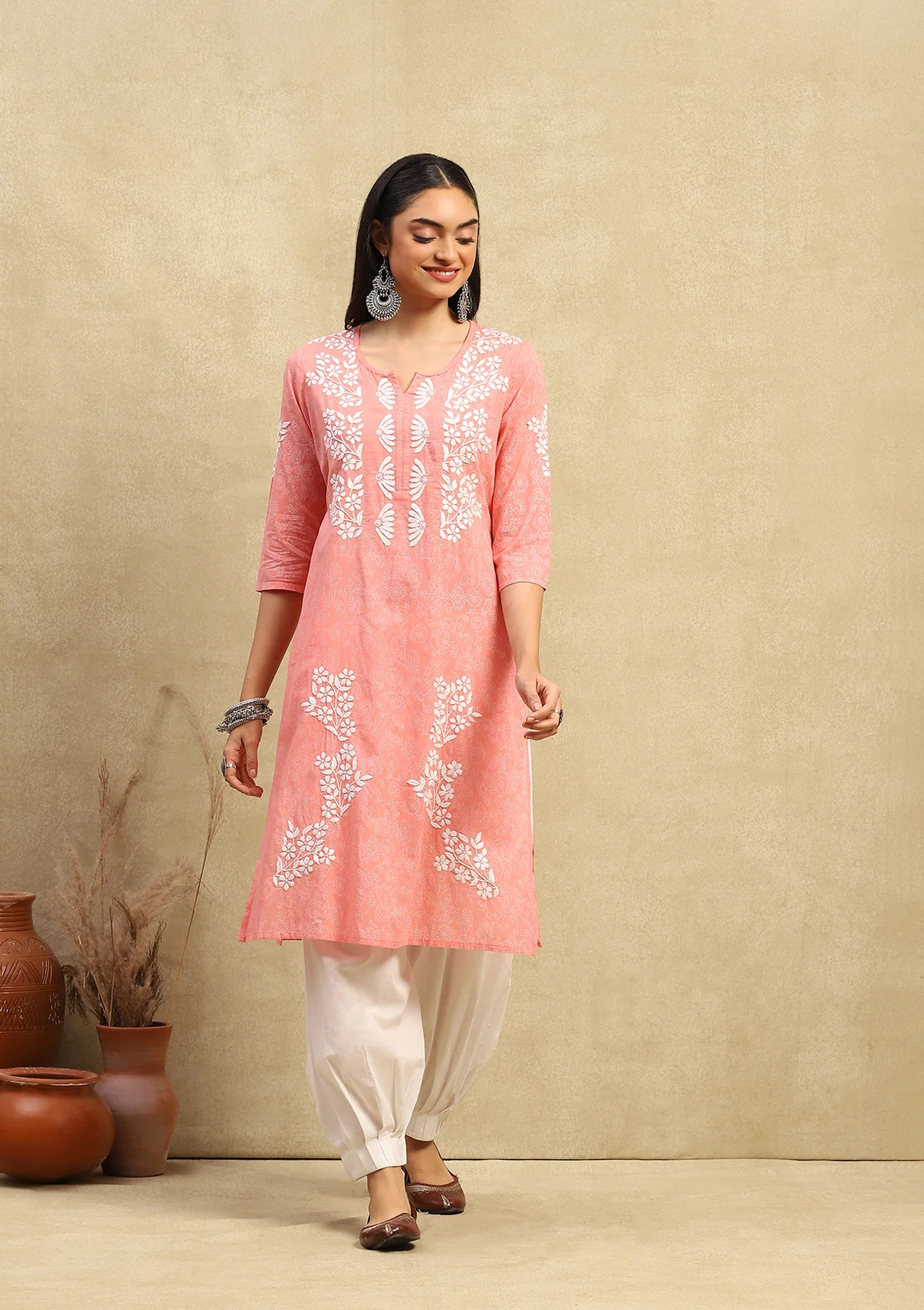 HOC Cotton Chikankari Printed Women's Long Kurta - Peach - Healthber