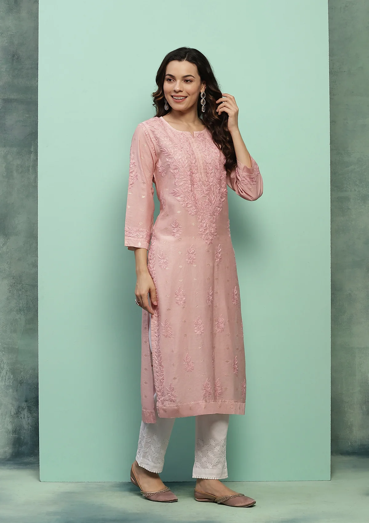 HOC Chanderi Chikankari Solid Women's Long Kurta - Dust Pink - Healthber