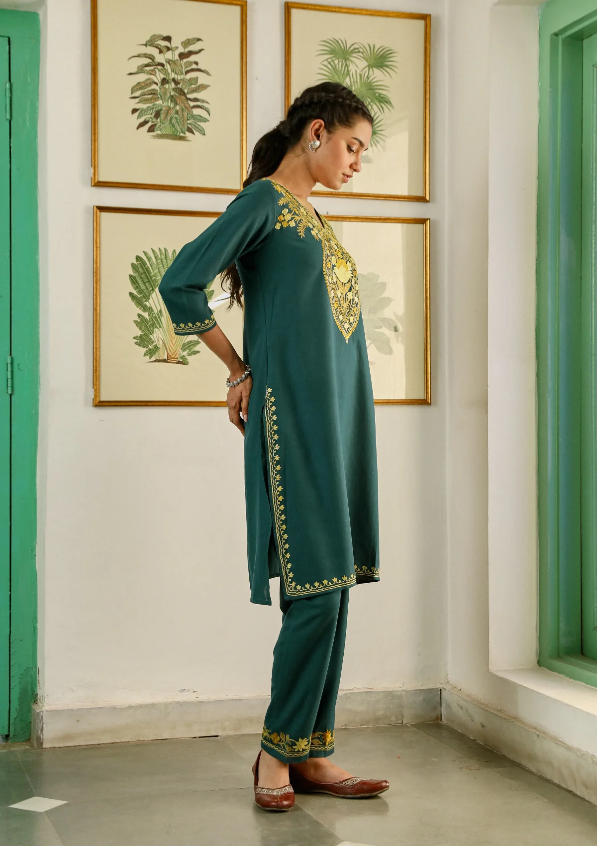 HOC Aari Embroidered Cotton Solid Women's 2PC Long Kurta Set - Teal Green - Healthber