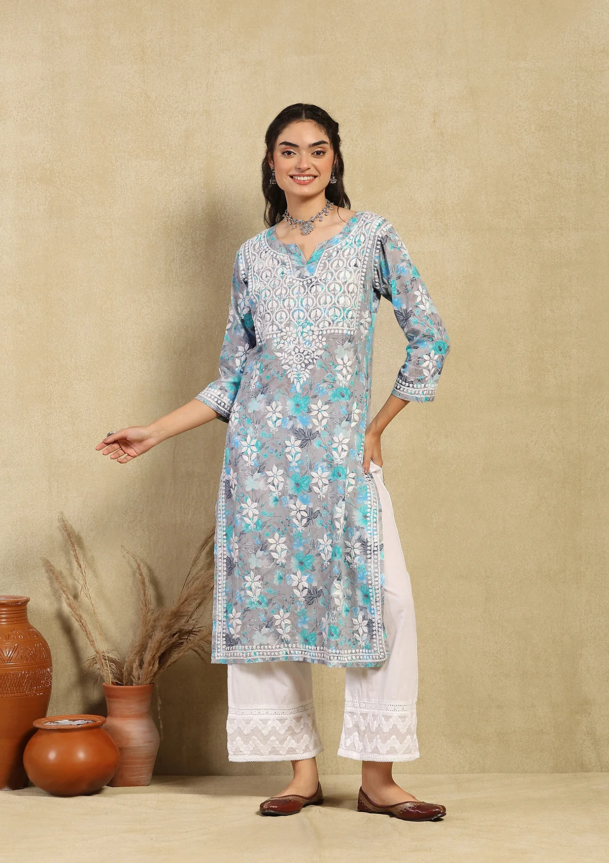 HOC Zarah Chikankari Mulmul Printed Straight Kurta - Healthber