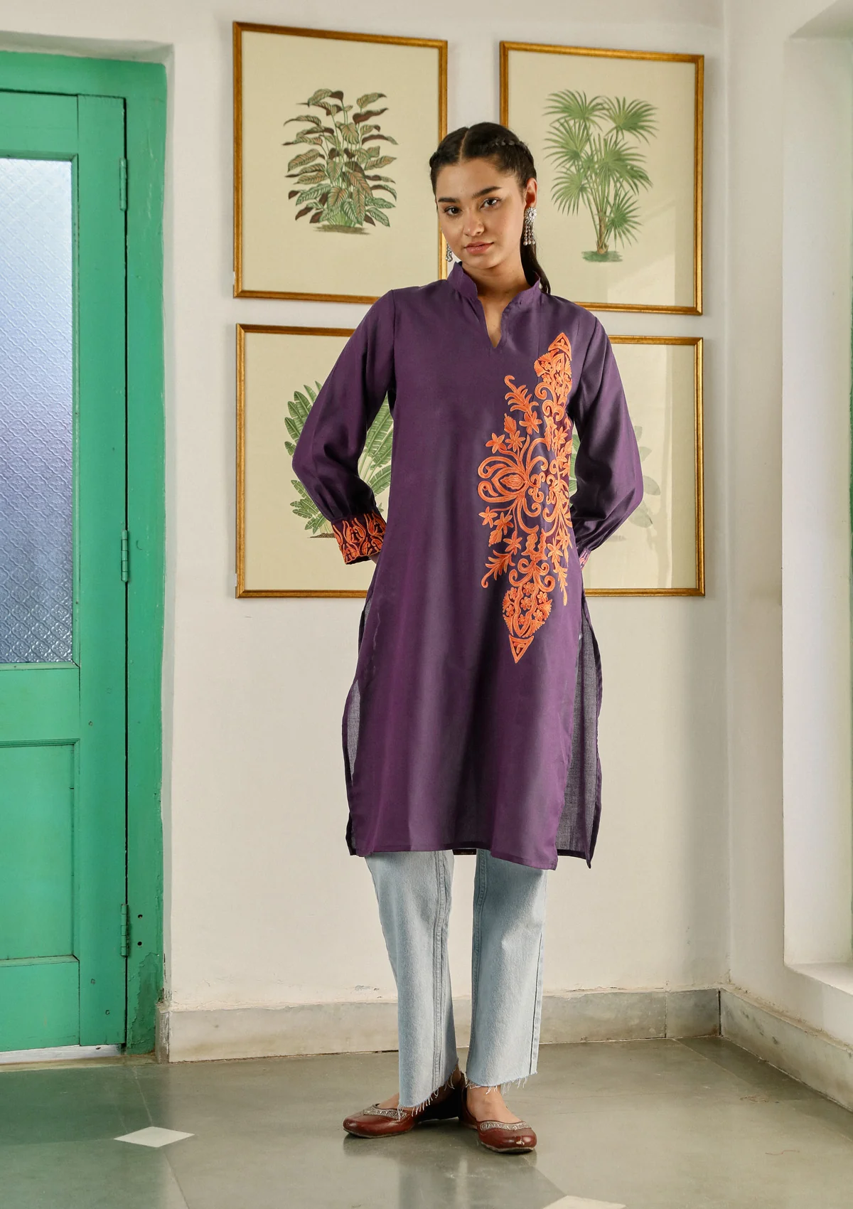 HOC Aari Embroidered Cotton Solid Women's Long Kurta - Purple - Healthber