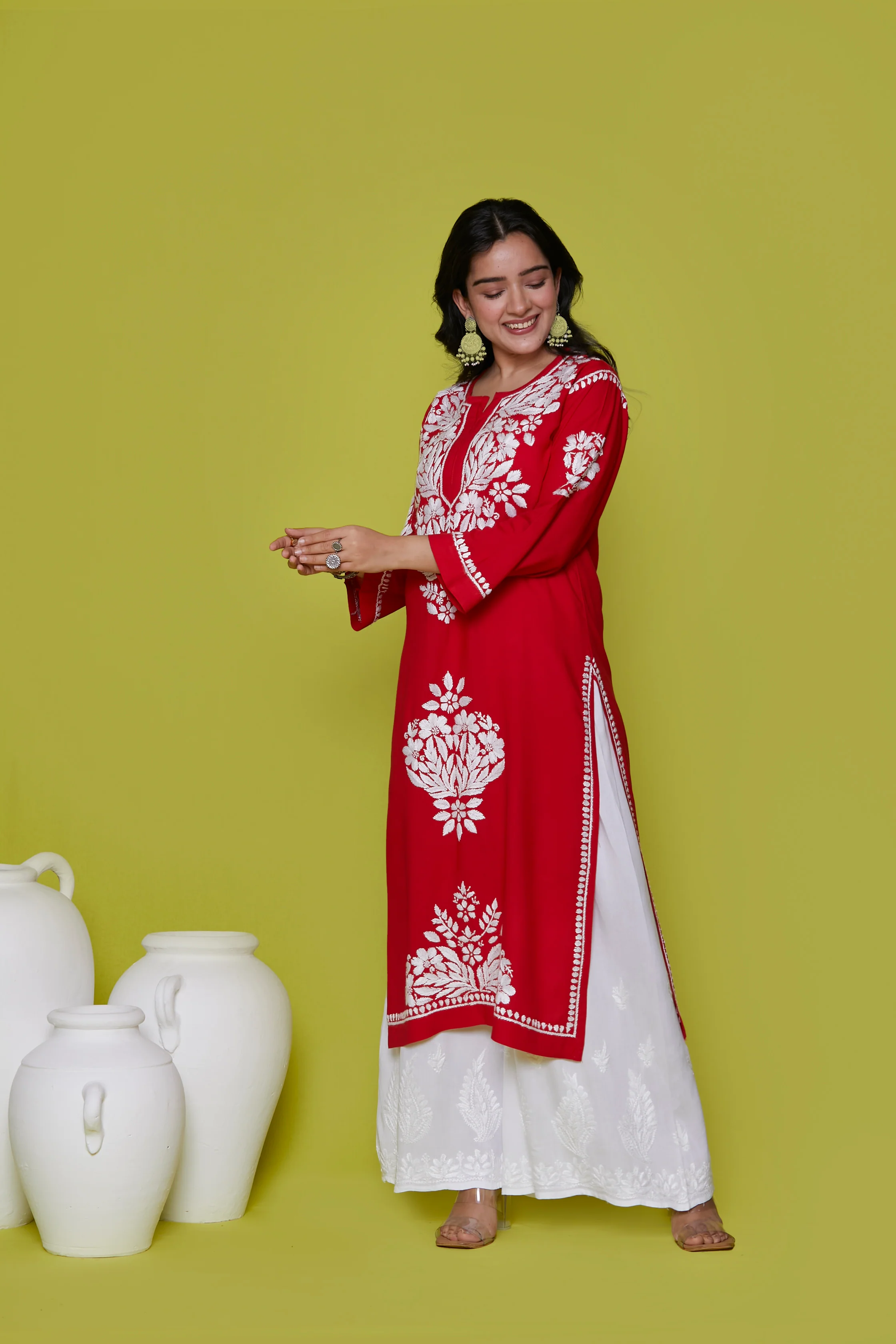 Rayon Chikankari Solid Women's Long Kurta - Red - Healthber