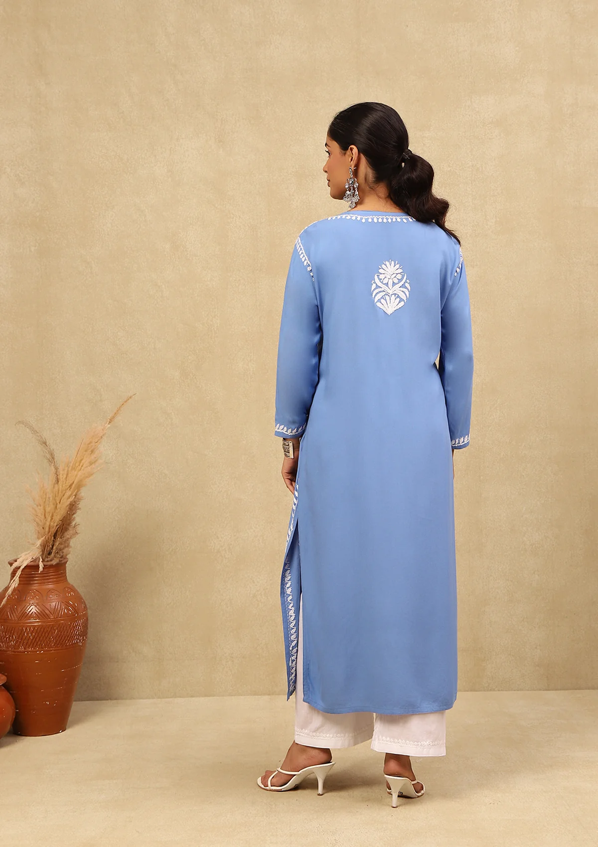 HOC Rayon Chikankari Solid Women's Long Kurta -Blue - Healthber