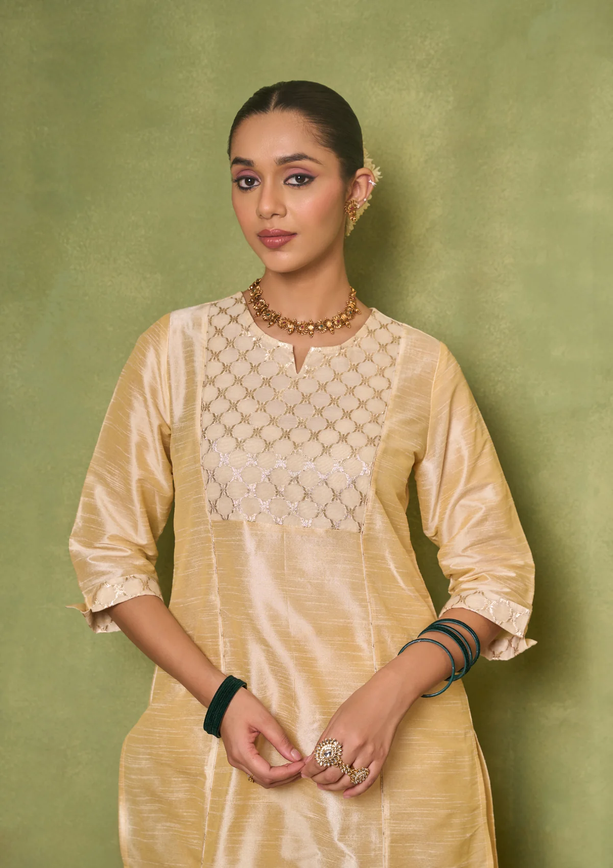 HOC Silk Blend Solid Women's 3 PC Long Kurta Set - Golden - Healthber