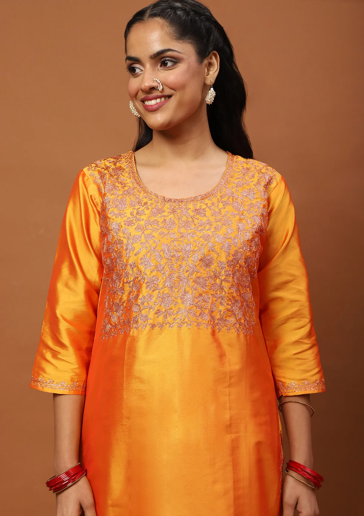 HOC Art Silk Embroidered Zari Work Solid Women's 2 PC Long Kurta Set - Mustard Yellow - Healthber