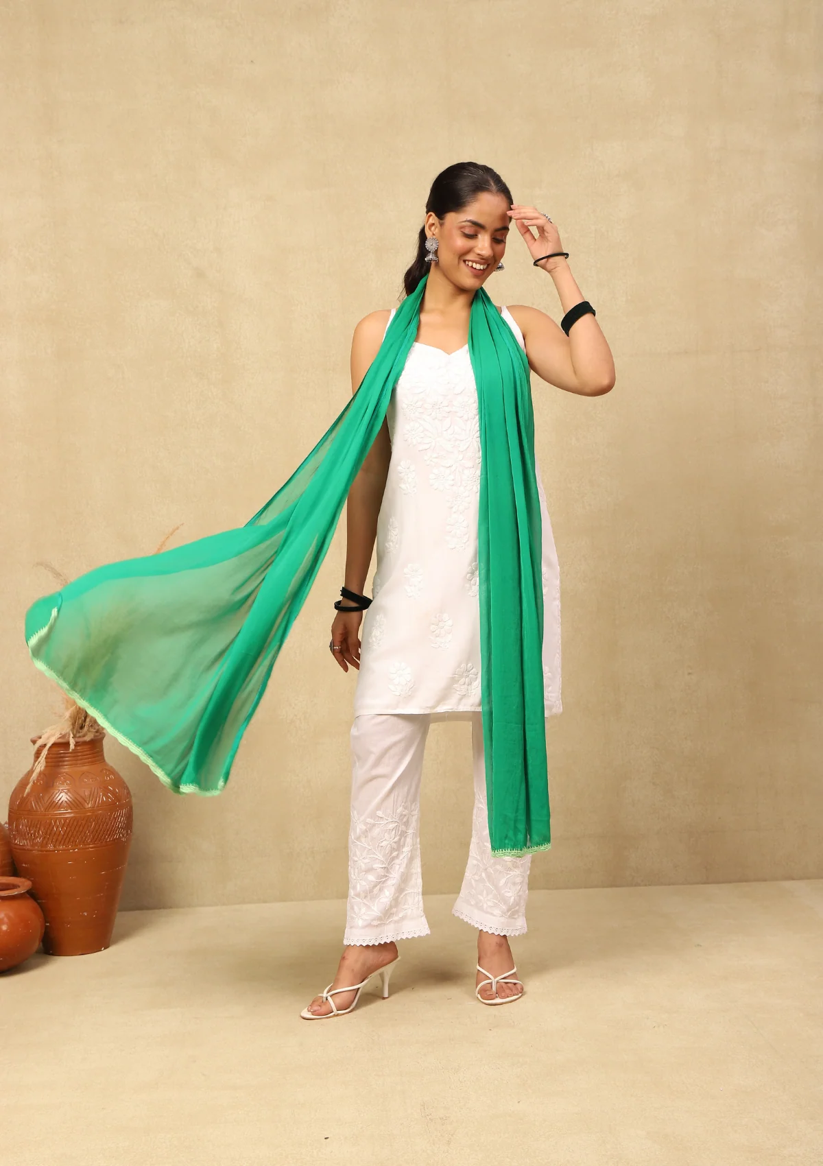 HOC Chiffon Solid Women's Dupatta With Lace-Green - Healthber