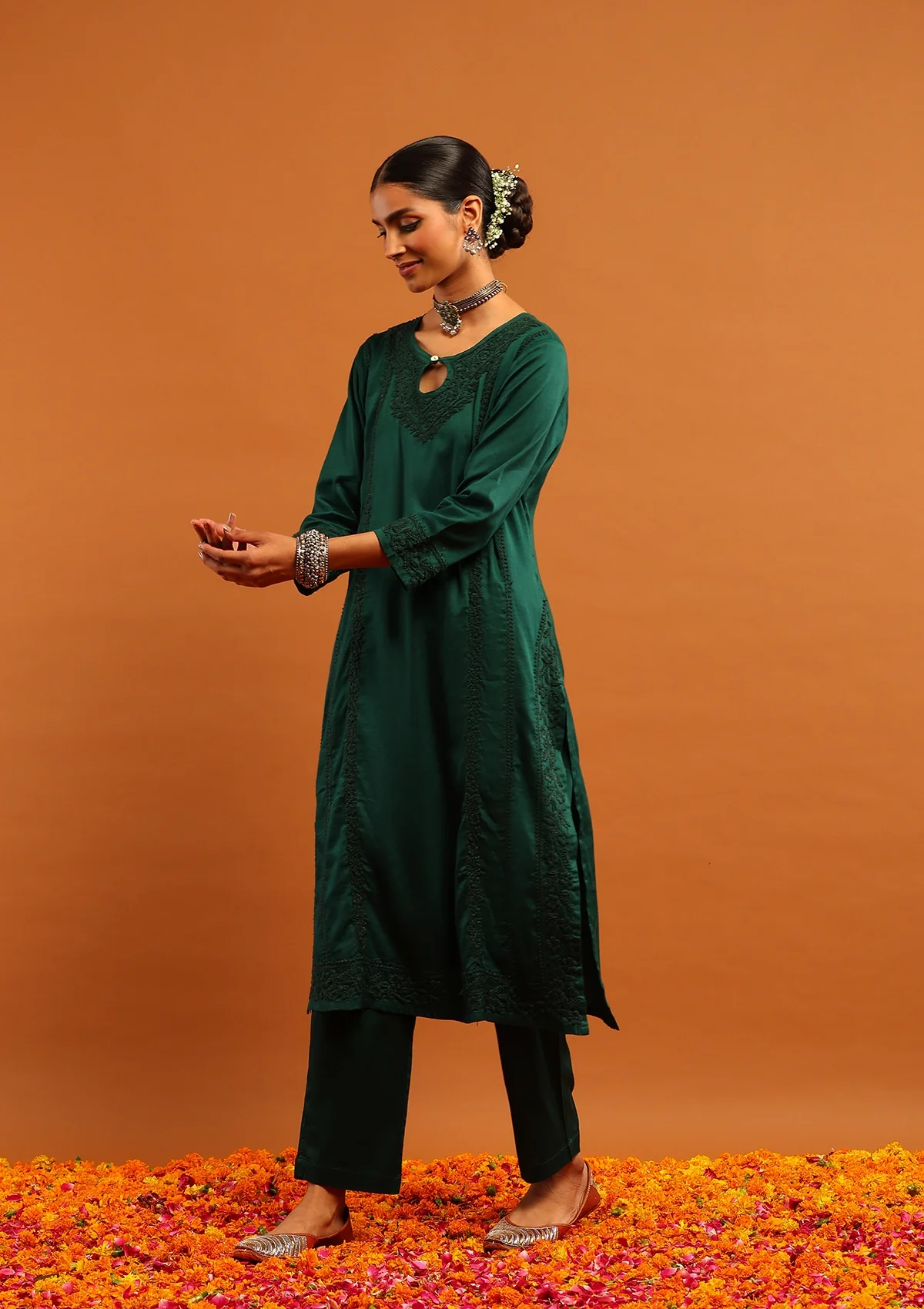 HOC Jaam Silk Chikankari Solid Women's 2 PC Long Kurta Set - Bottle Green - Healthber