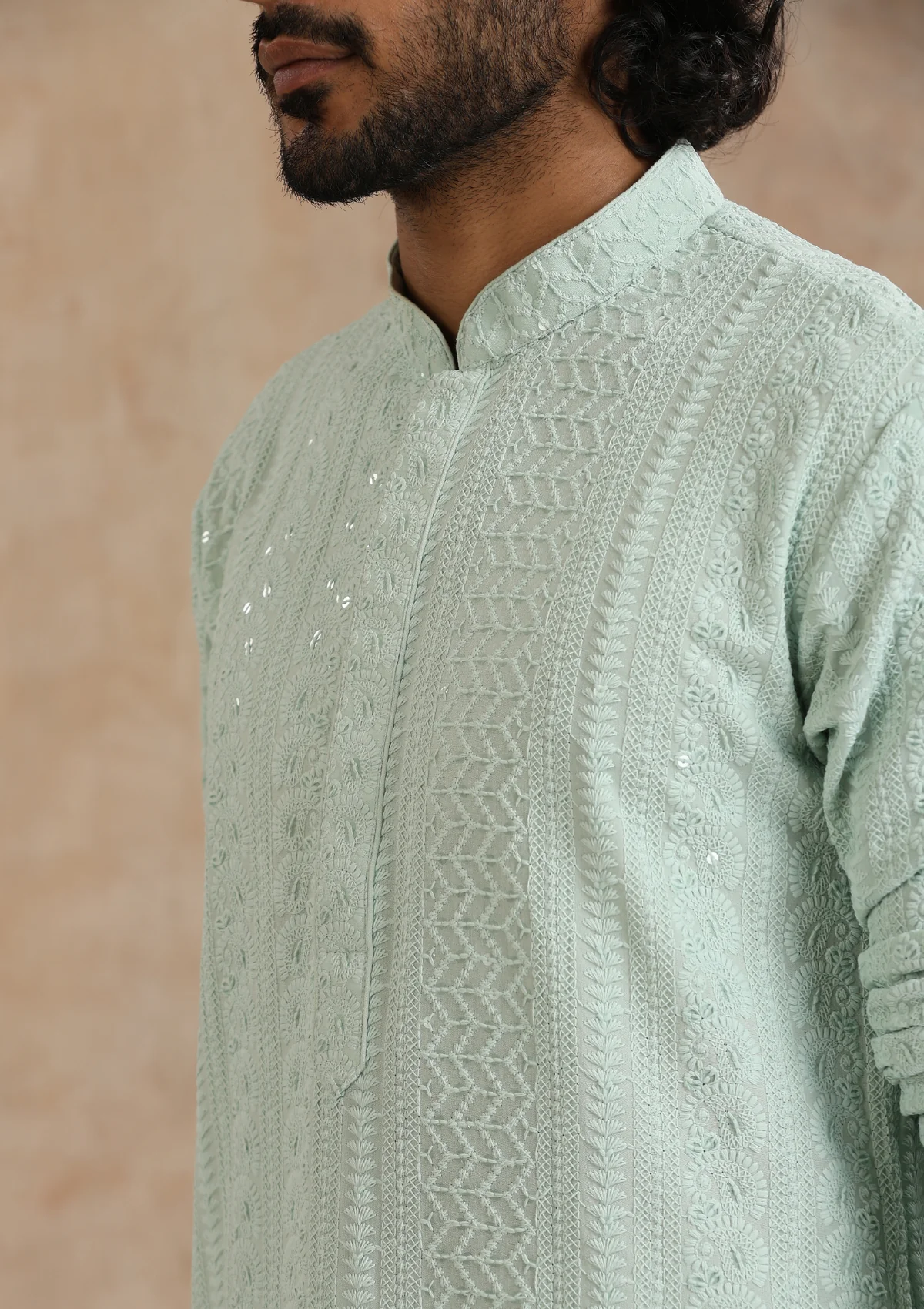 HOC Rayon Schiffli Solid Men's Long Kurta- Green - Healthber