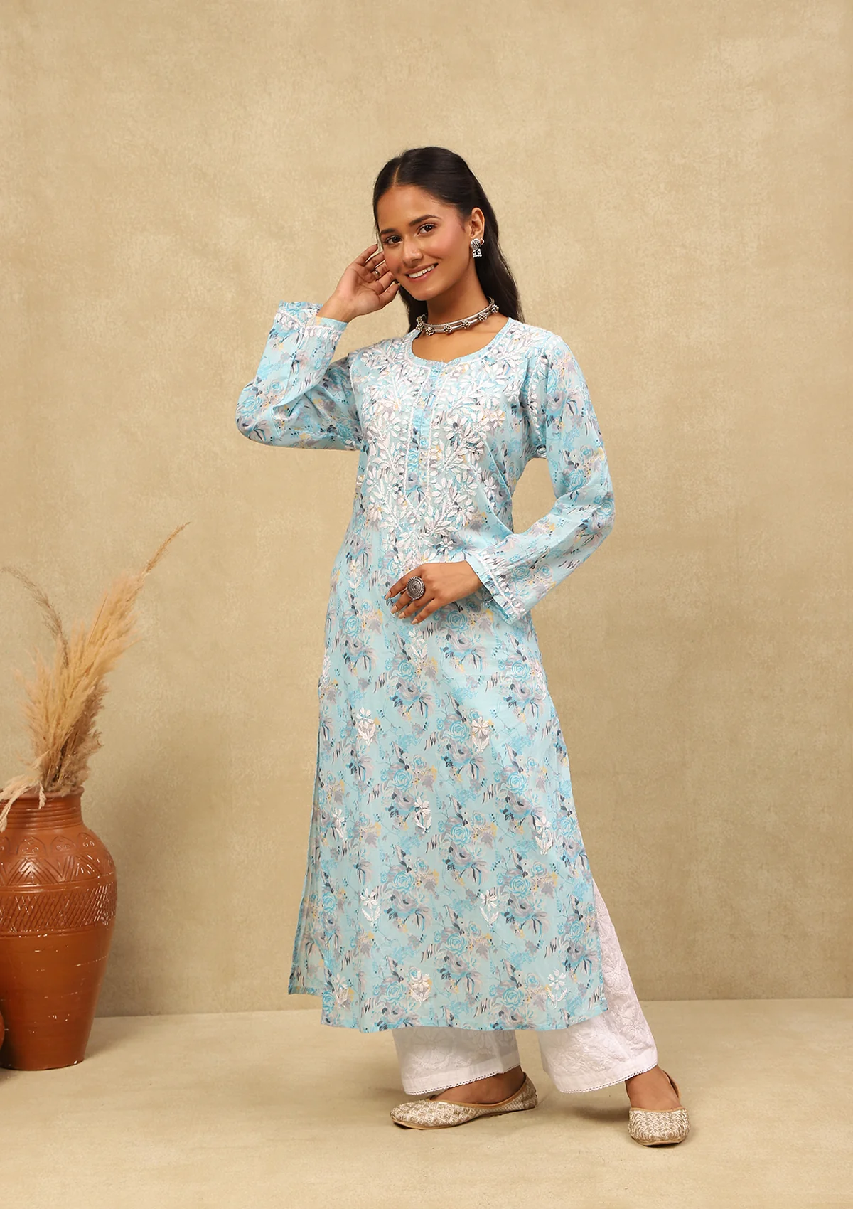 HOC Mulmul Chikankari Printed Women's Long Kurta -Light Blue - Healthber